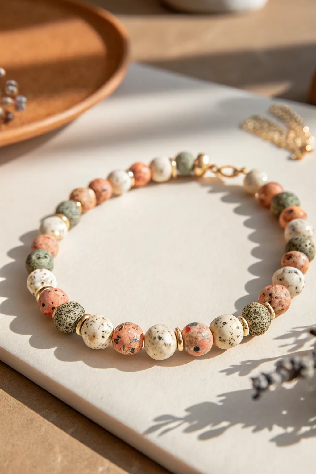 Terrazzo confetti clay discs meet creamy heishi beads for an easy, minimalist DIY bracelet.