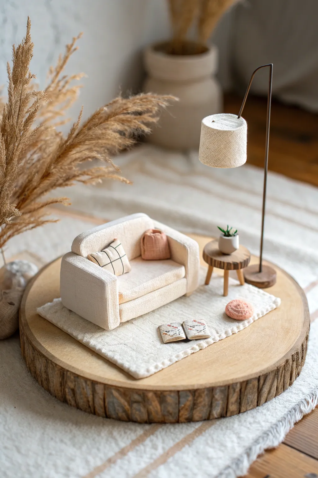 Tiny clay room diorama with cozy minimalist shapes and soft boho neutrals, bright and airy
