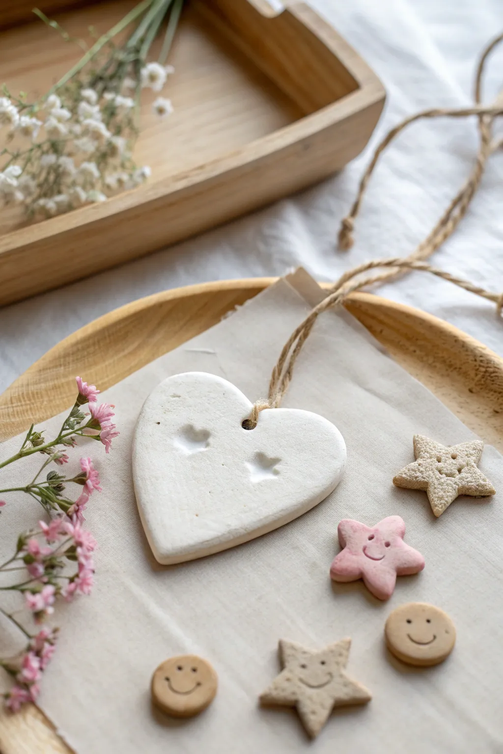 Sweet kid-made clay jewelry charms in soft pastels, ready to string and gift or trade.