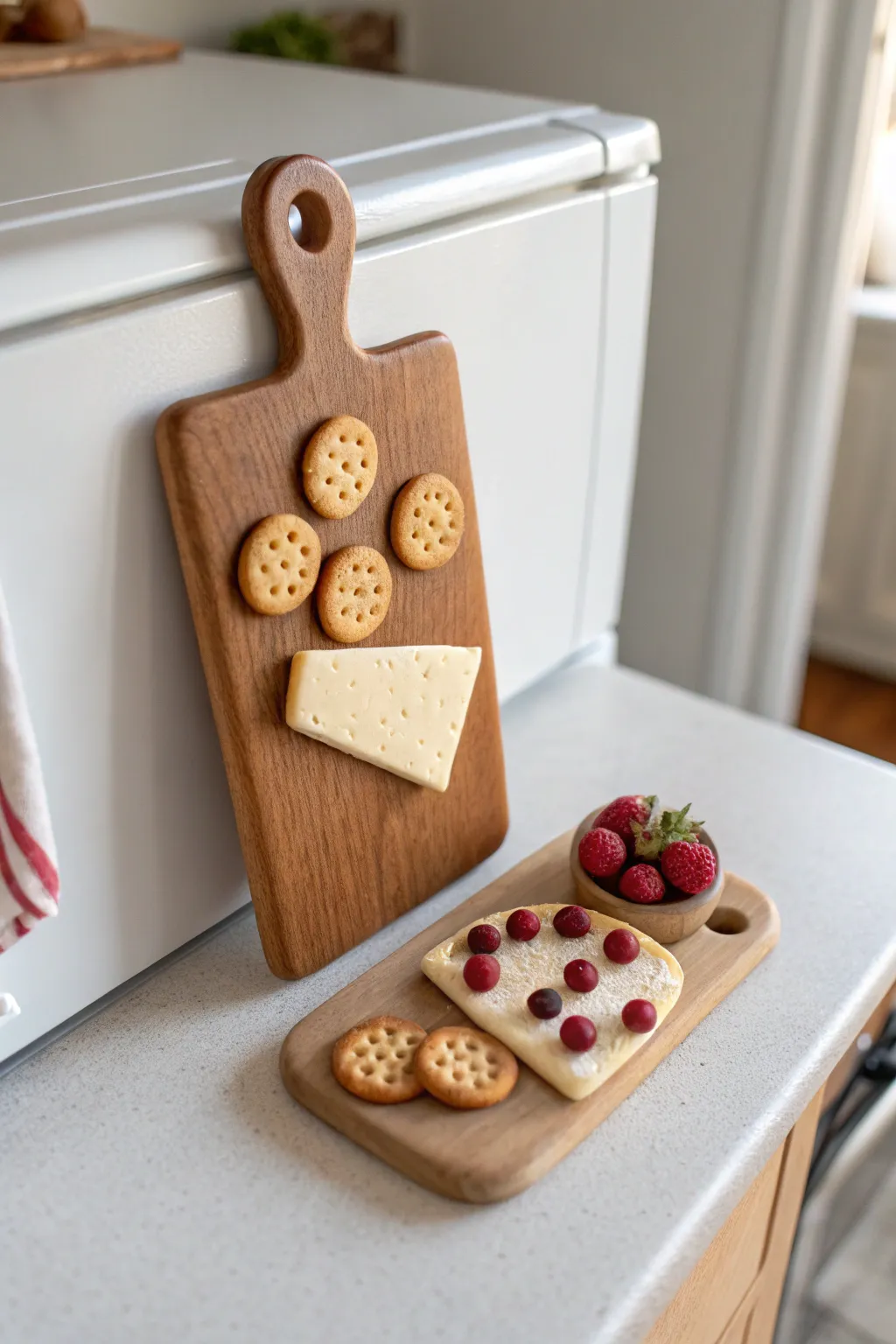 Mini charcuterie board clay magnet adds playful boho charm to a clean Scandinavian fridge.