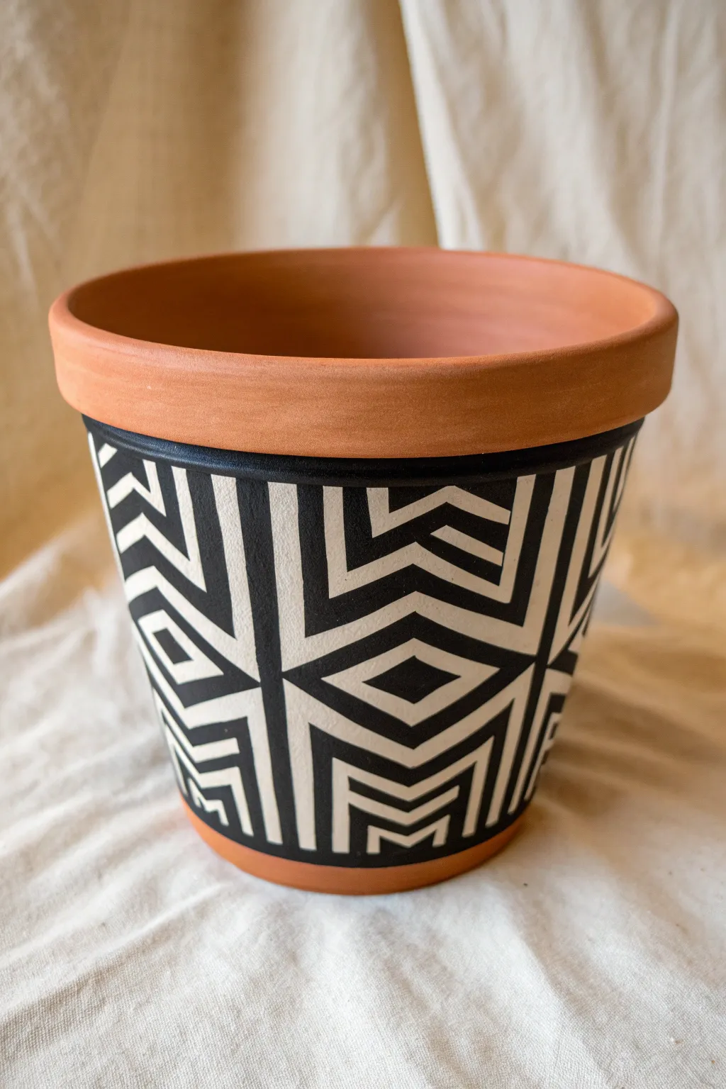 Bold black and white 3D line illusion on a terracotta pot for an easy modern DIY upgrade
