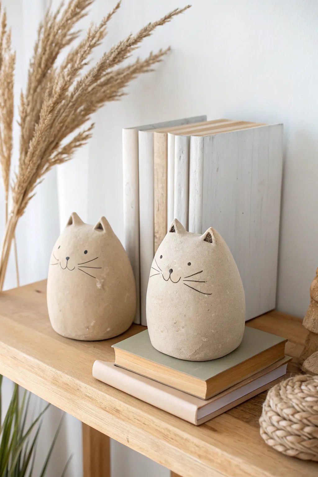 Chubby clay cat bookends bring cozy minimalist charm to your shelf, simple DIY and cute.