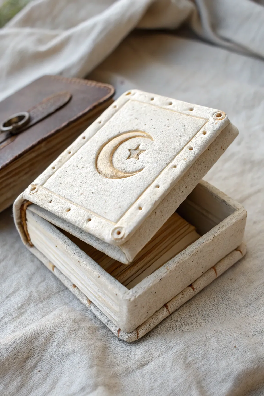 A minimalist clay spellbook box, slightly open to reveal its hidden storage and handmade texture