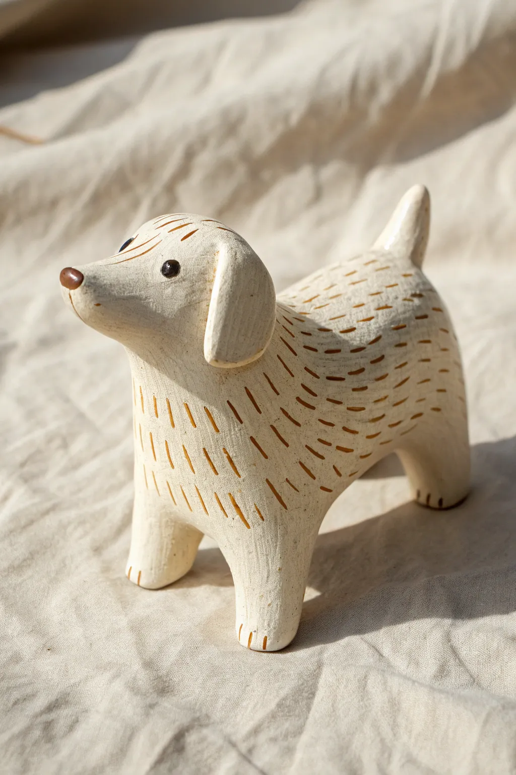 Simple clay dog with etched fur lines, minimal shape, and cozy Scandinavian boho texture focus