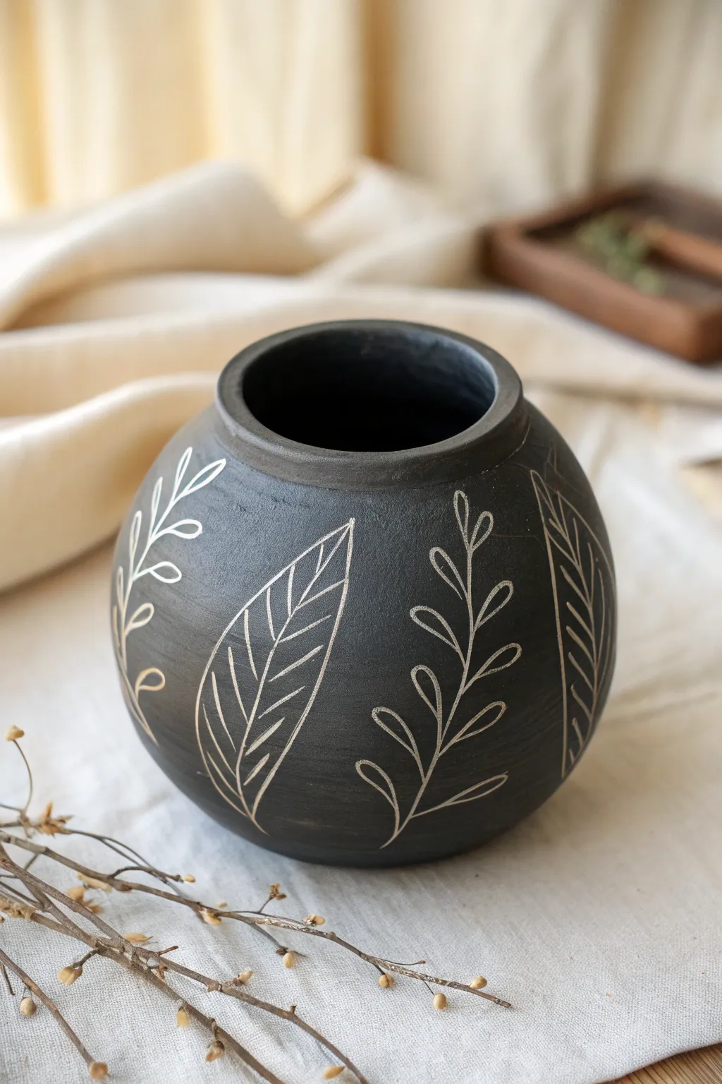 Dark slip double pinch pot with simple sgraffito vines, minimalist and warmly handmade.