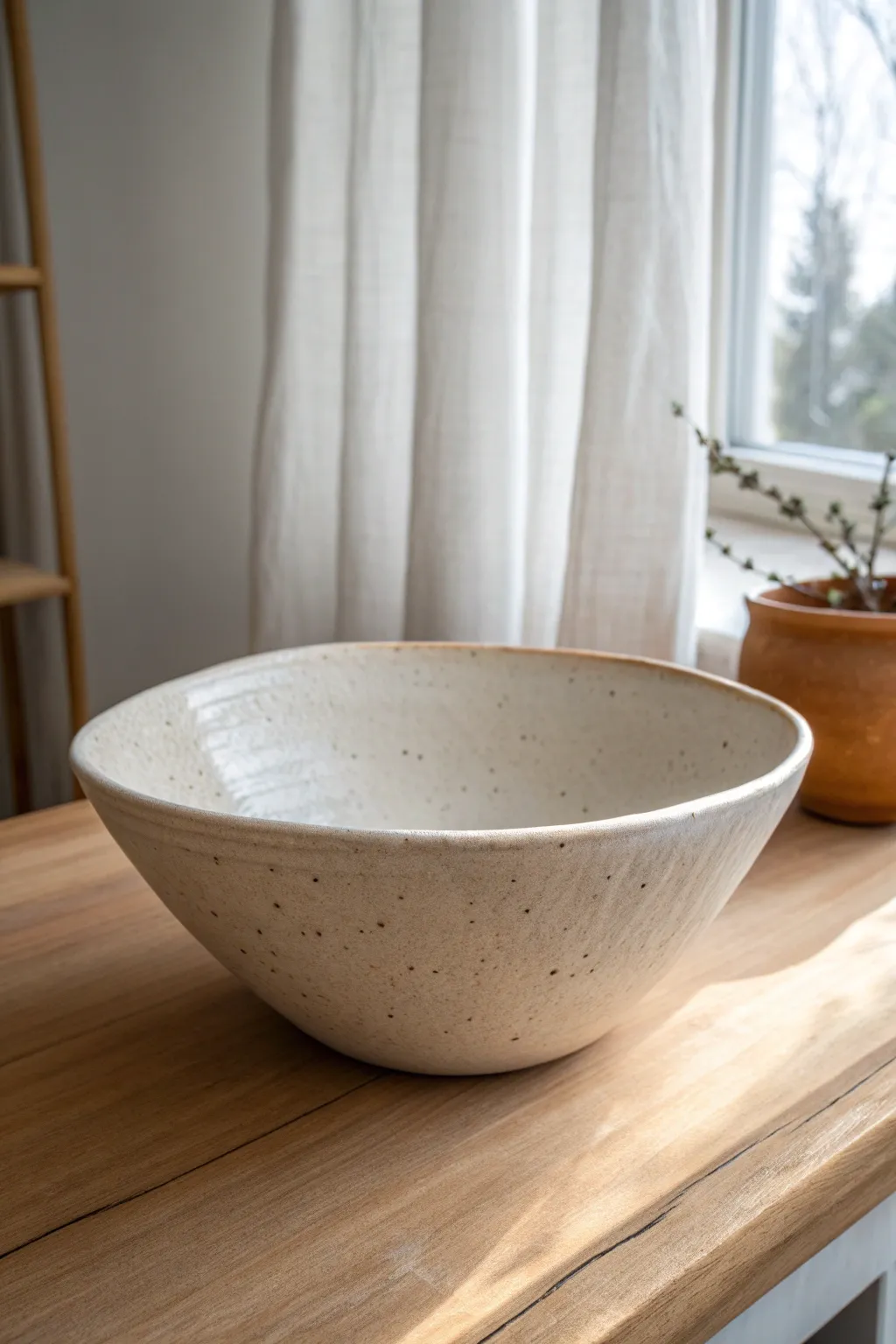 Off-center drape bowl with one tall side for a bold, minimalist silhouette and handmade warmth.