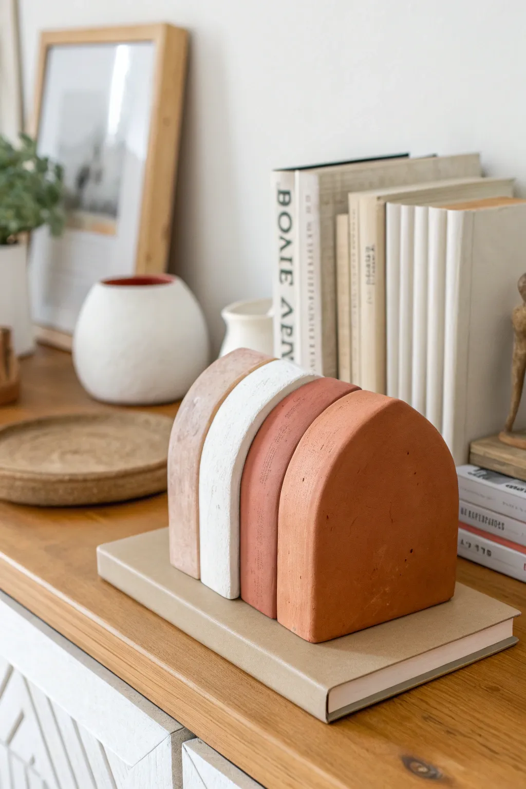Chunky color-block air-dry clay bookends bringing minimalist boho charm to your bookshelf.