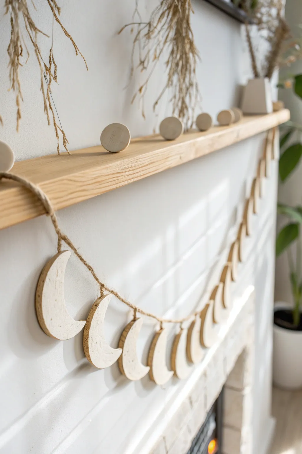 Minimal air-dry clay moon phase garland in soft neutrals, an easy beginner decor piece