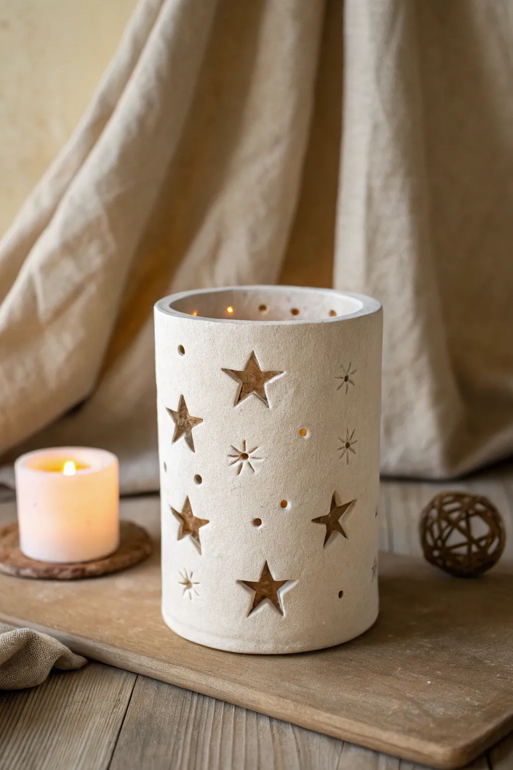 Simple air-dry clay lantern with star and circle cutouts, glowing softly for cozy kids nights