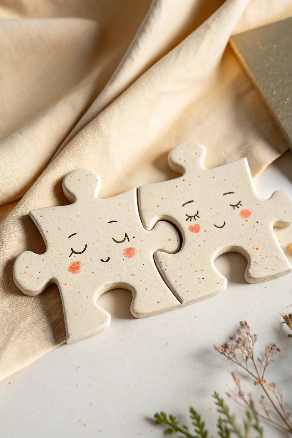 Two sweet clay puzzle partners, joined as a minimalist duo with soft blush and cozy contrast.