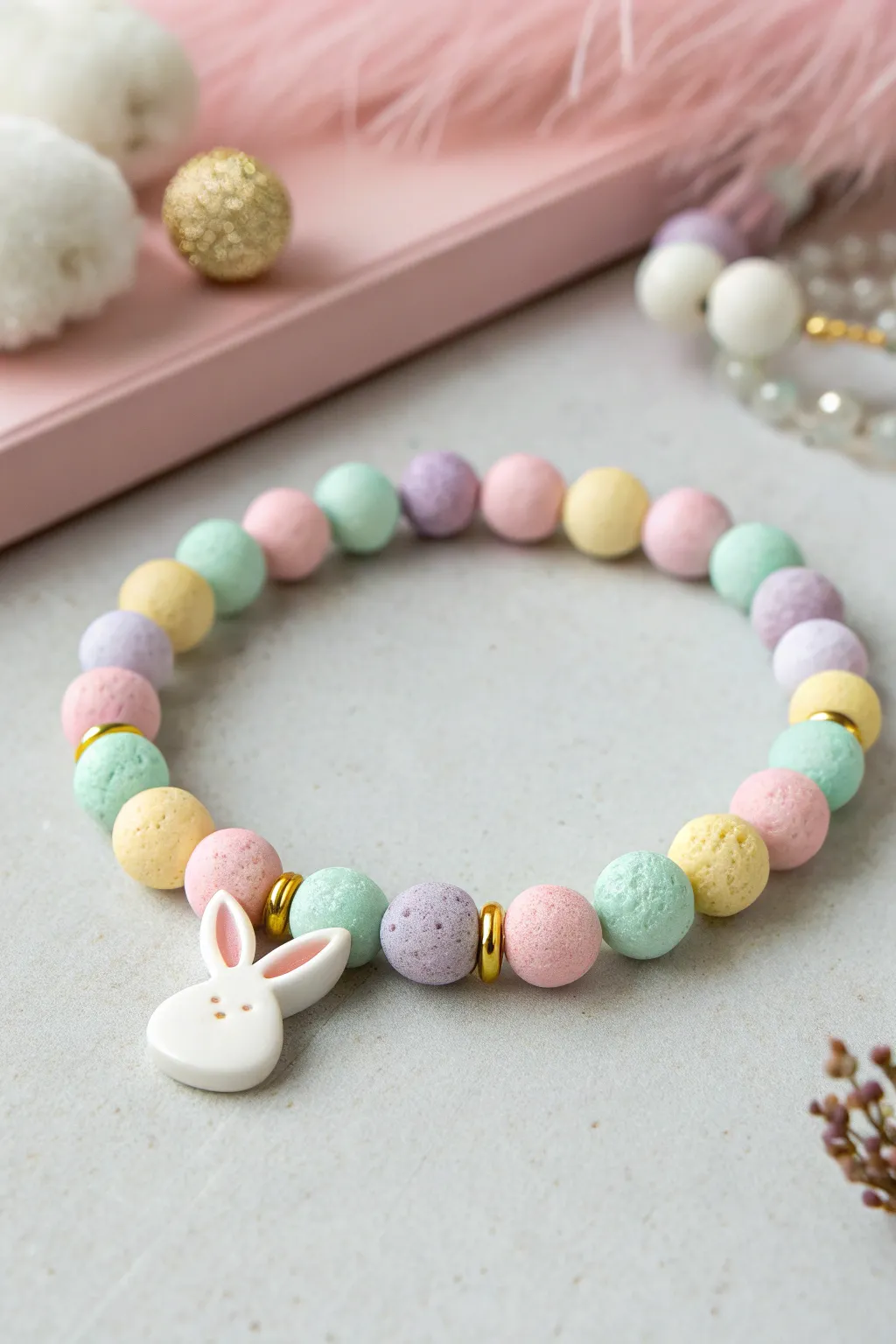 Soft pastel clay bead bracelet with a fluffy white bunny tail accent for Easter charm.