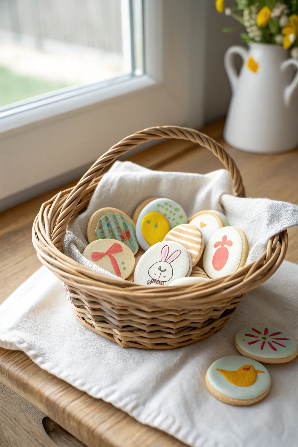 Bright clay Easter token coins in a tiny basket, perfect for a kids egg hunt surprise.