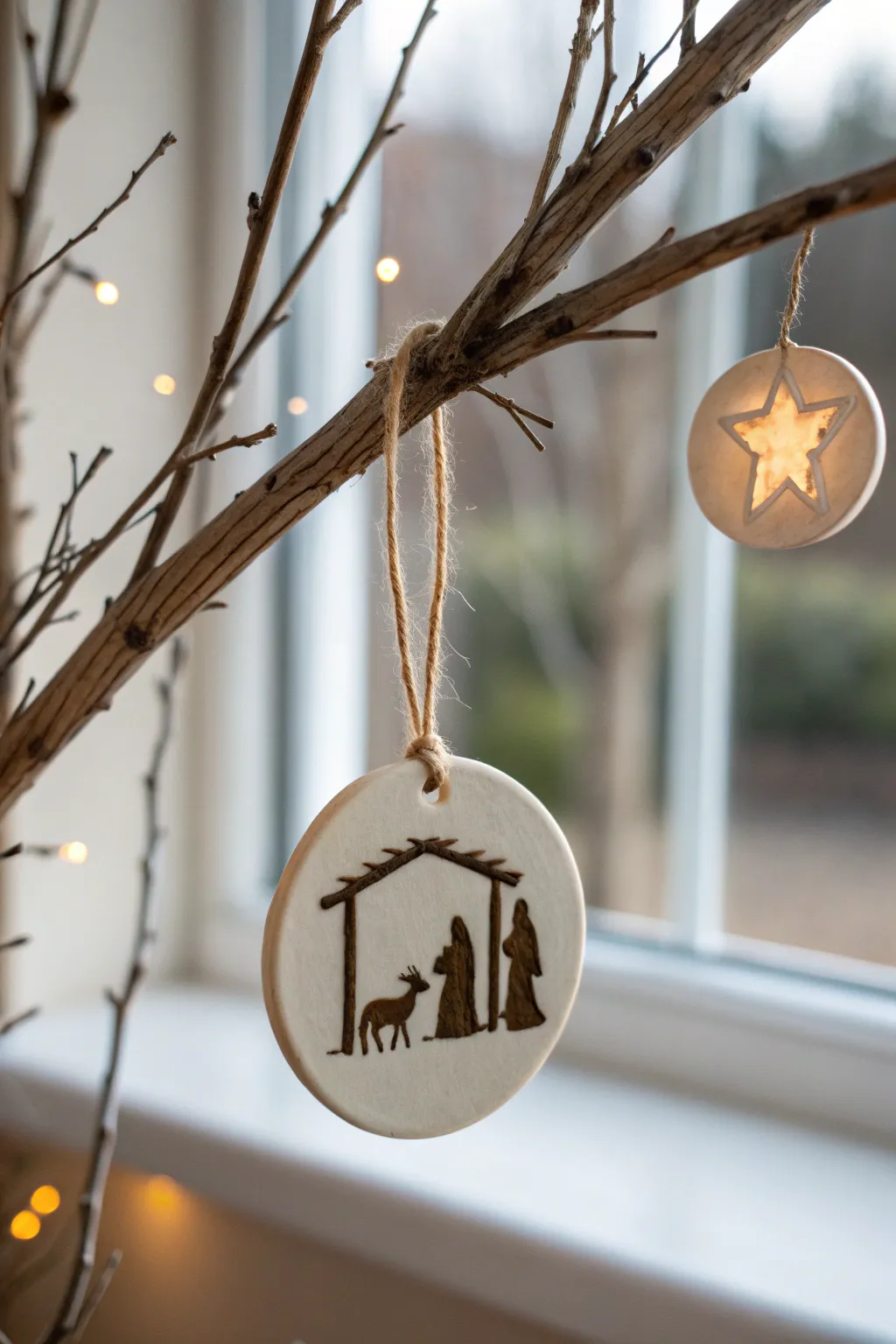 Minimal air-dry clay nativity ornament in soft neutrals, perfect for a cozy Scandinavian tree.