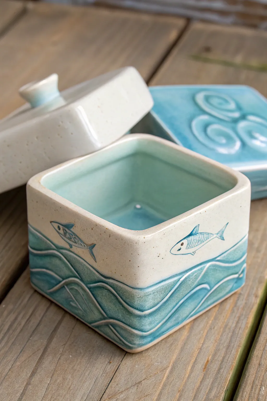 Pocket aquarium keepsake: a tiny blue-glazed ceramic box with simple fish and wave relief.