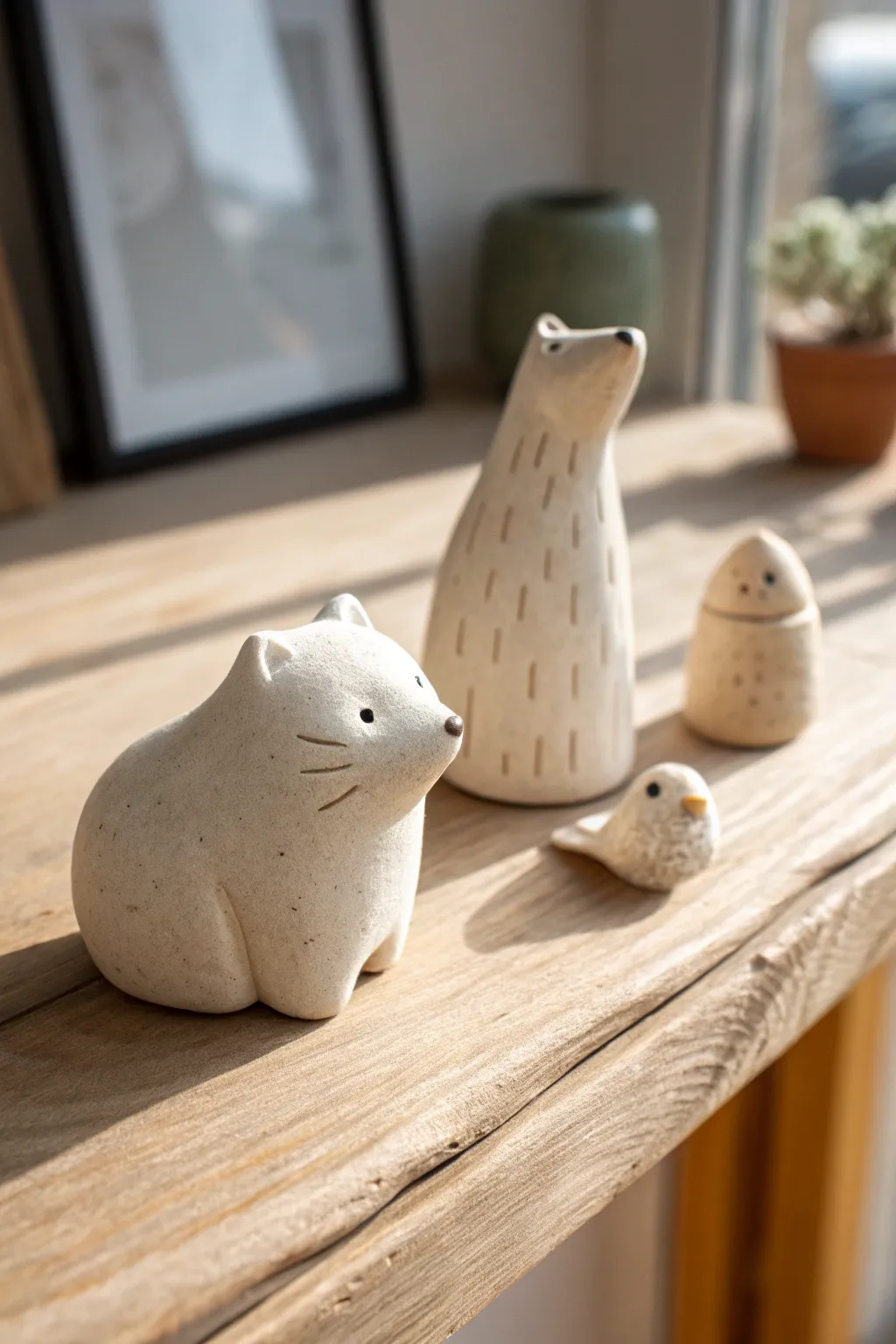 Cute minimalist clay animals: simple cat, bear and bird figurines made from basic shapes