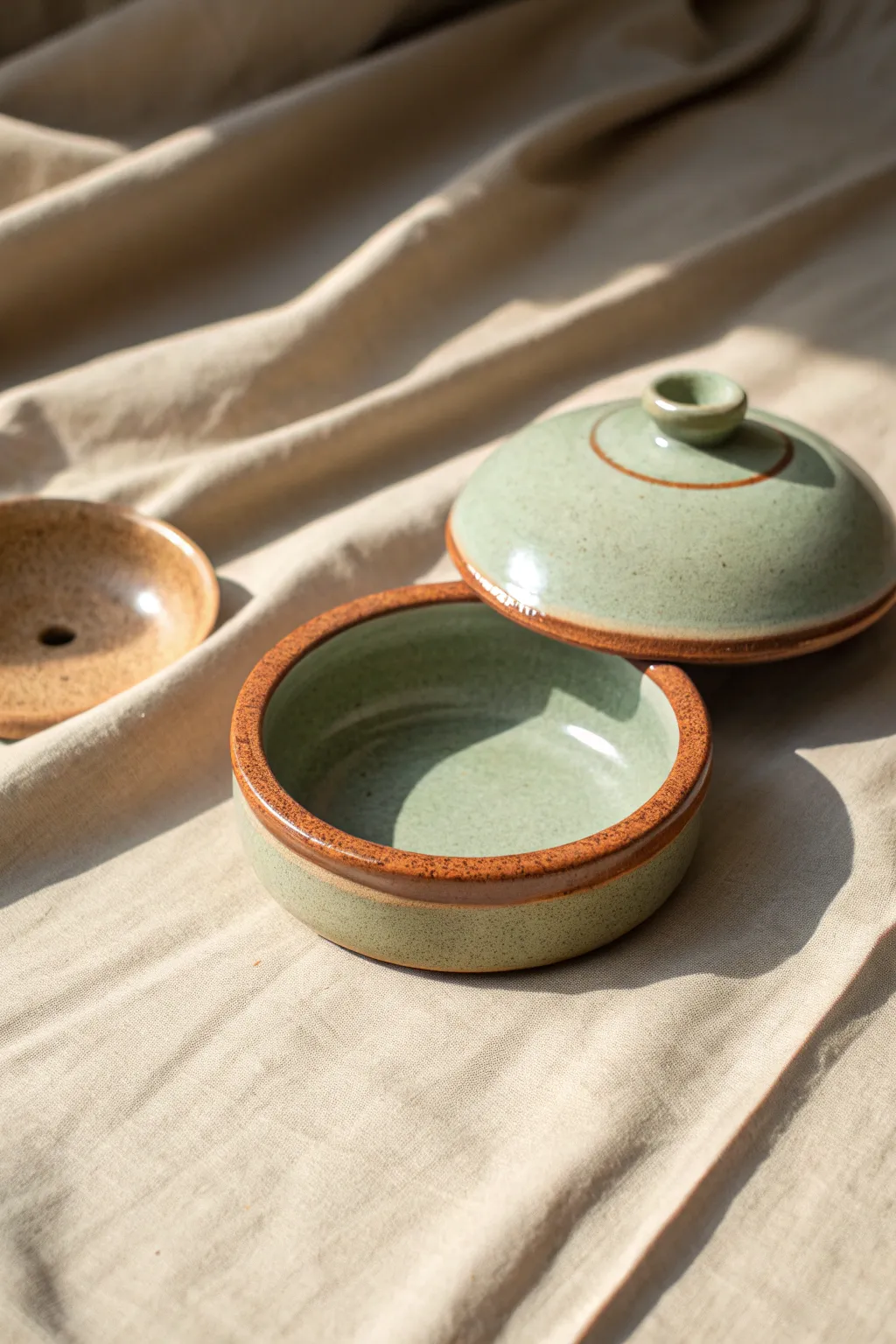 Minimal lidded snuffer ashtray set in soft tones, glossy glazed, calm Scandinavian boho styling