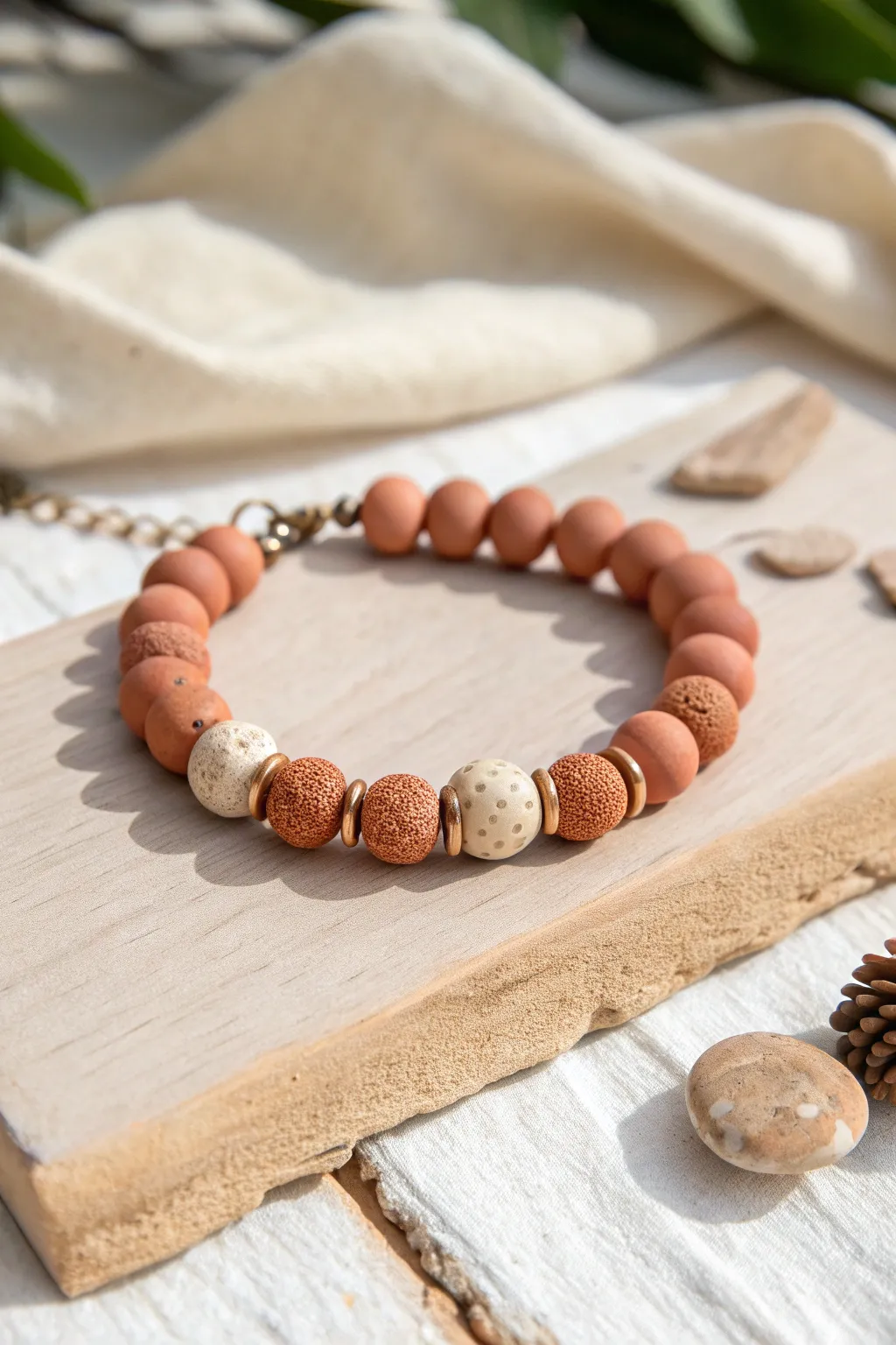 Mixed disc and chunky clay beads in one soft palette for an easy textured bracelet