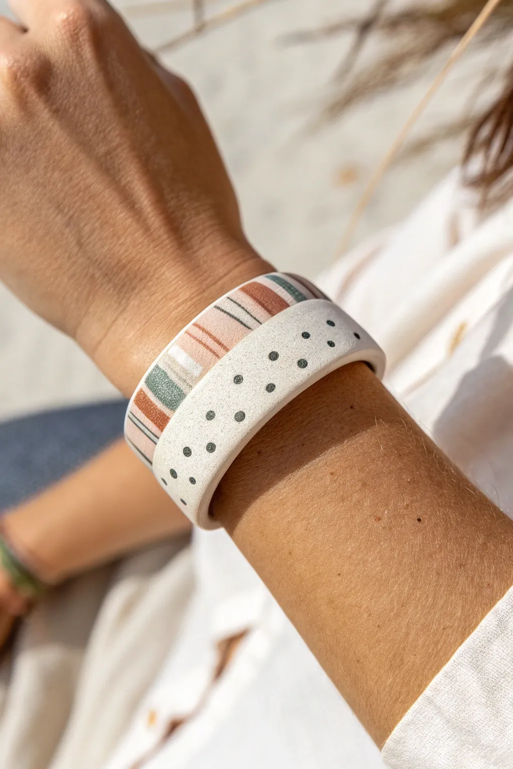 A simple painted clay cuff with modern stripes and dots, minimalist, soft, and easy to recreate.