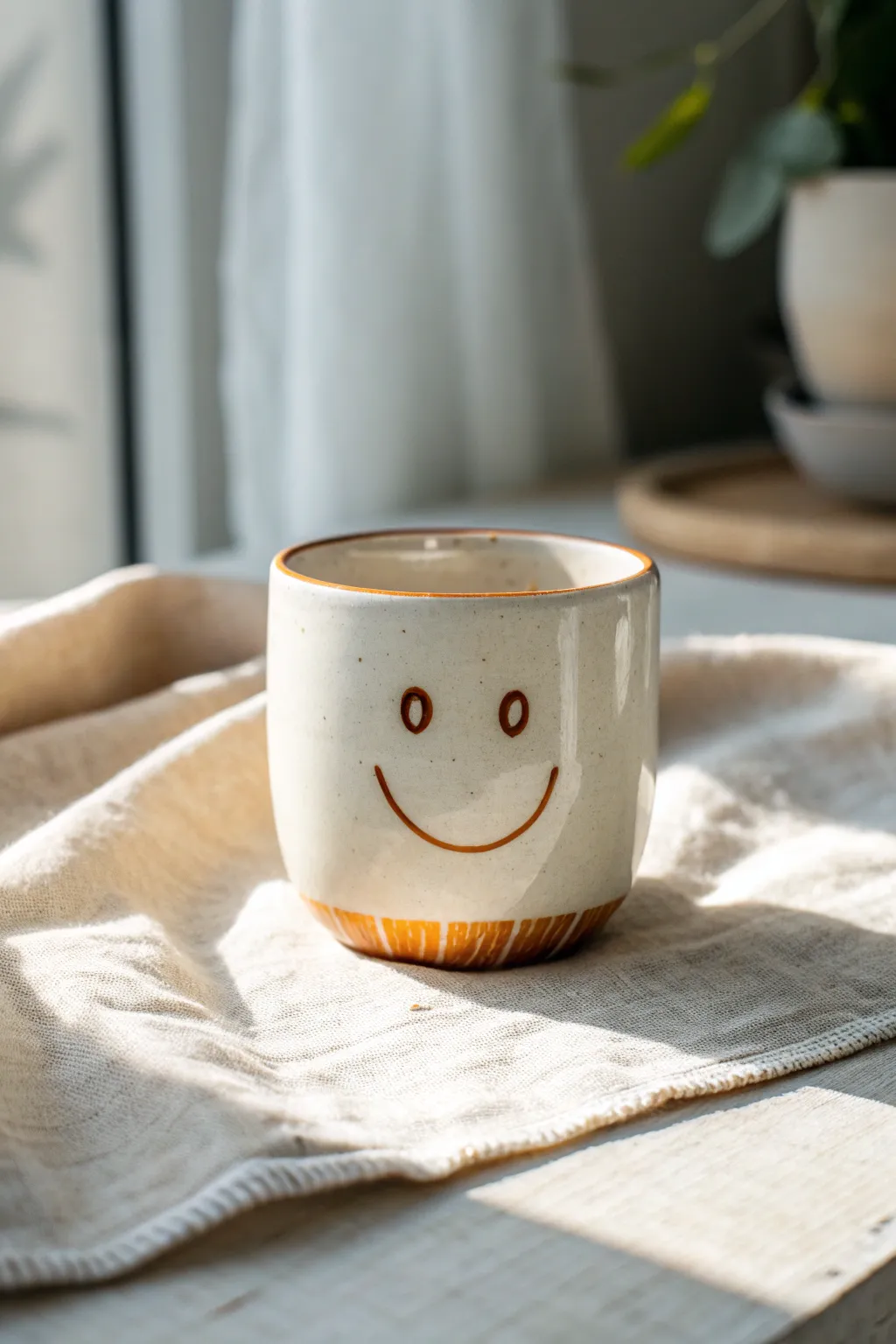 Minimal smiley face clay cup with a glossy glaze—simple, cute, and beginner-friendly.