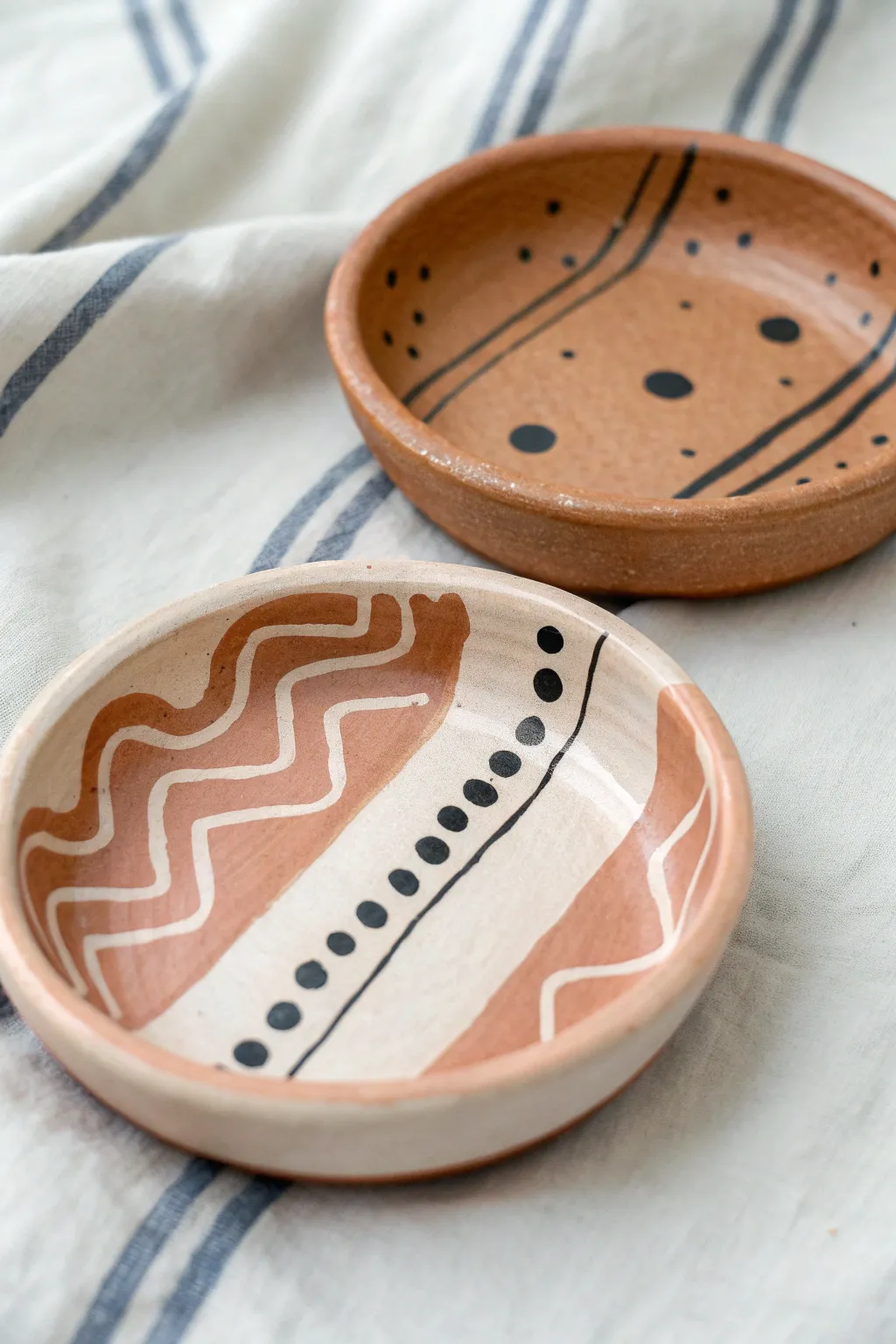 Painted pattern swap dishes for an easy clay date, simple shapes, playful color, big payoff.
