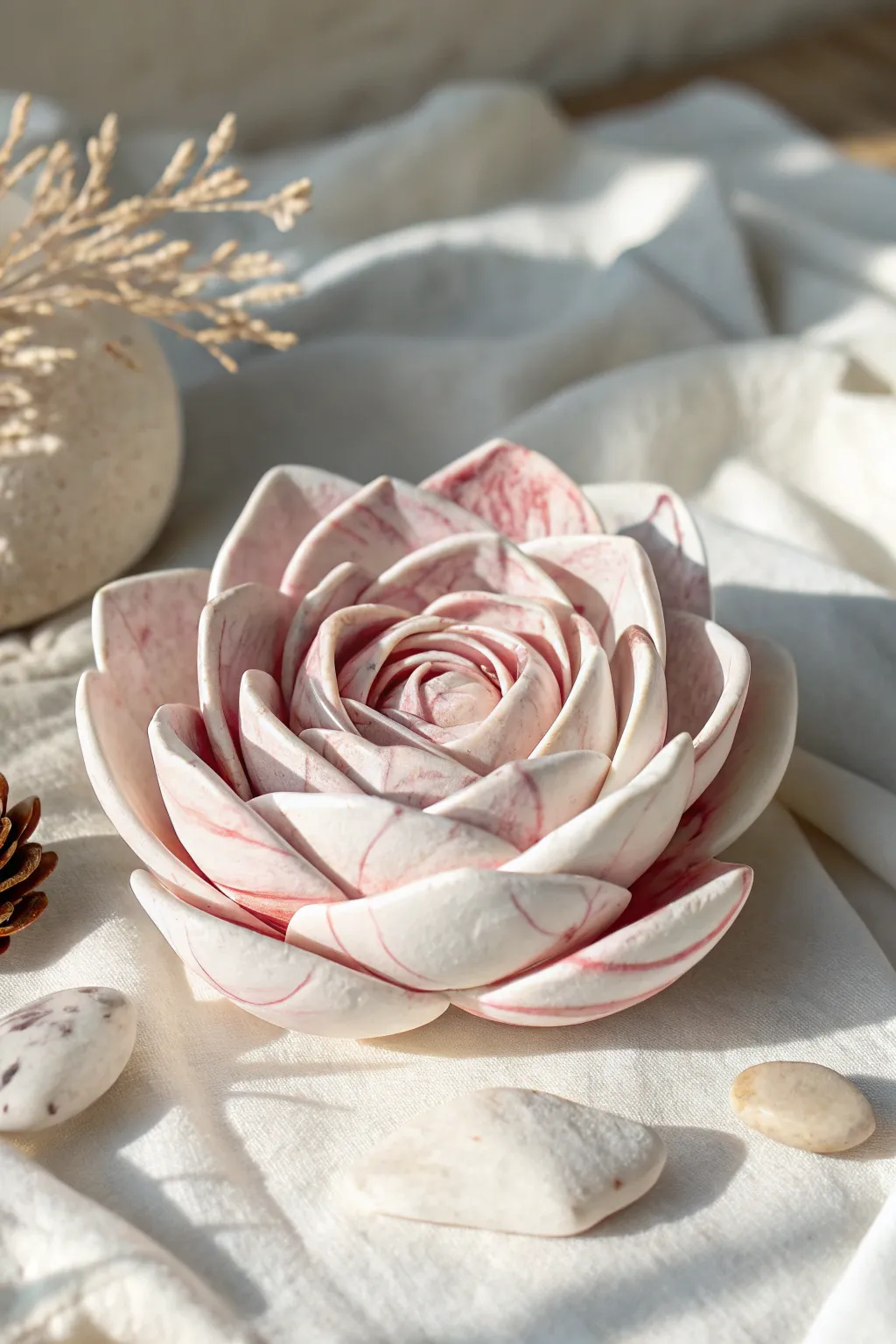 Two-tone swirl clay petals in blush and white, a simple flower idea with a dreamy marbled finish.