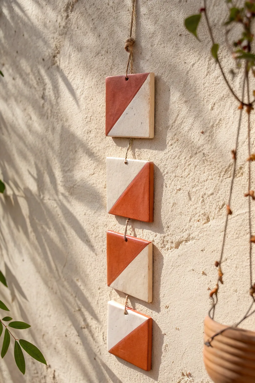 Modern color-blocked clay tiles in a simple trio, an easy handmade pop of wall decor.
