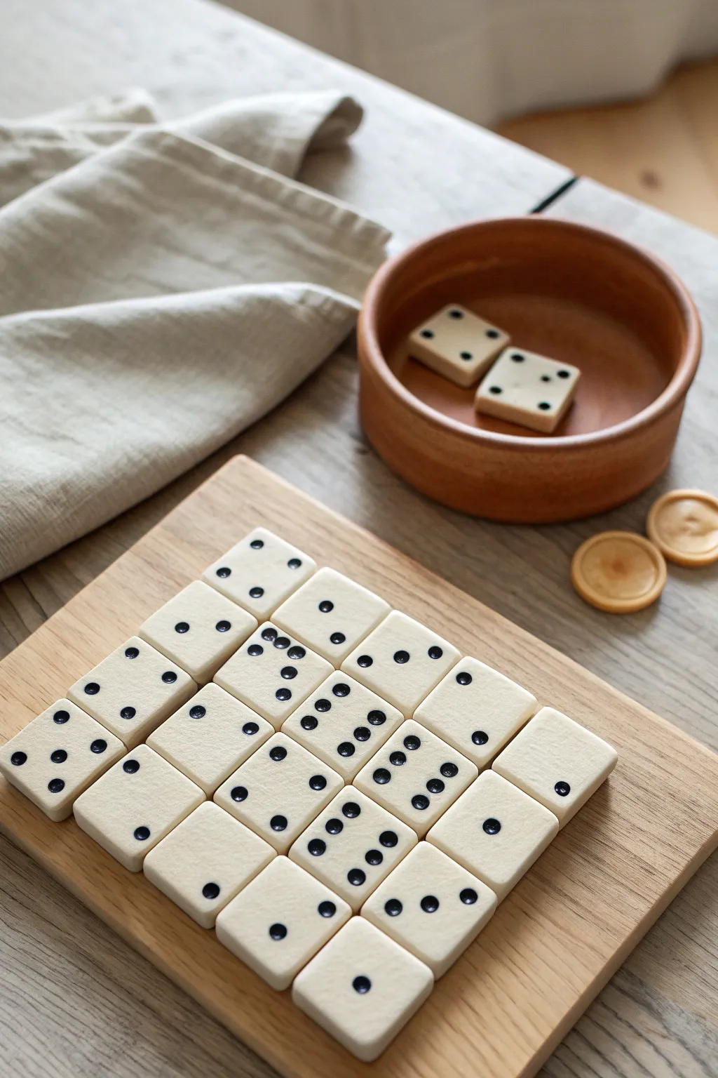 Handmade clay domino set in minimalist style, perfect for a cozy grown-up game night.