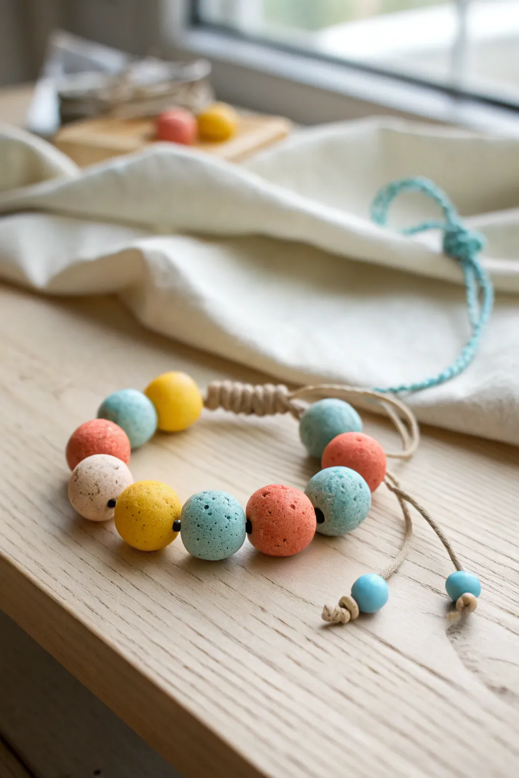 Chunky big-hole clay beads in cheerful colors, a preschool-friendly bracelet with Nordic calm.
