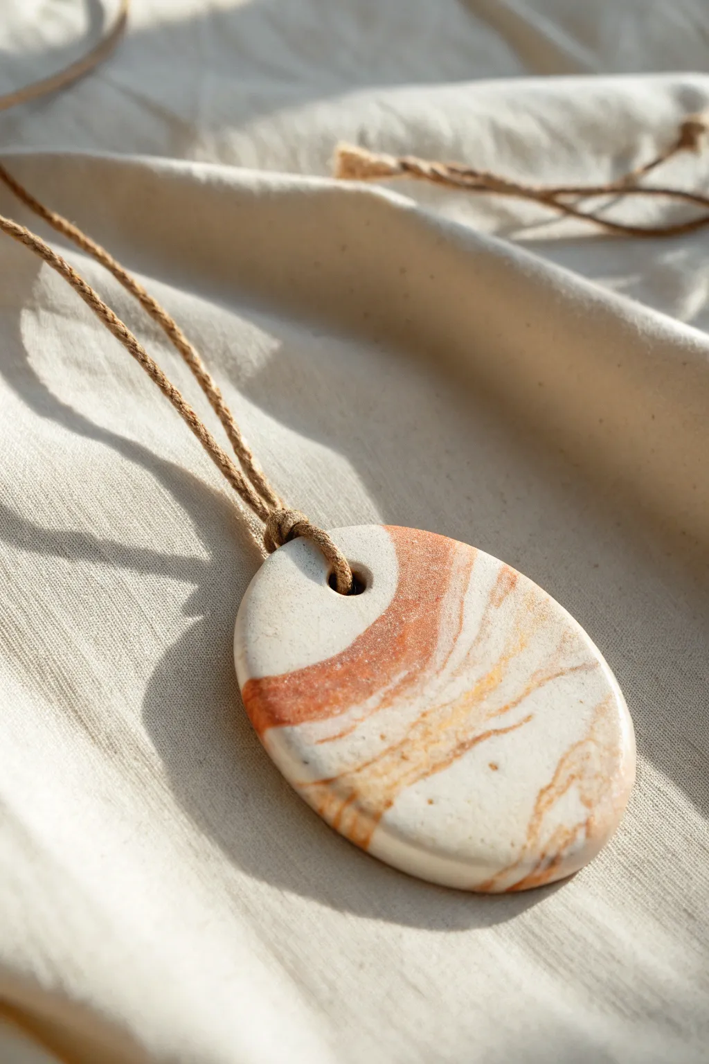 Two-color marbled clay pendant on a simple cord for effortless minimalist boho style.