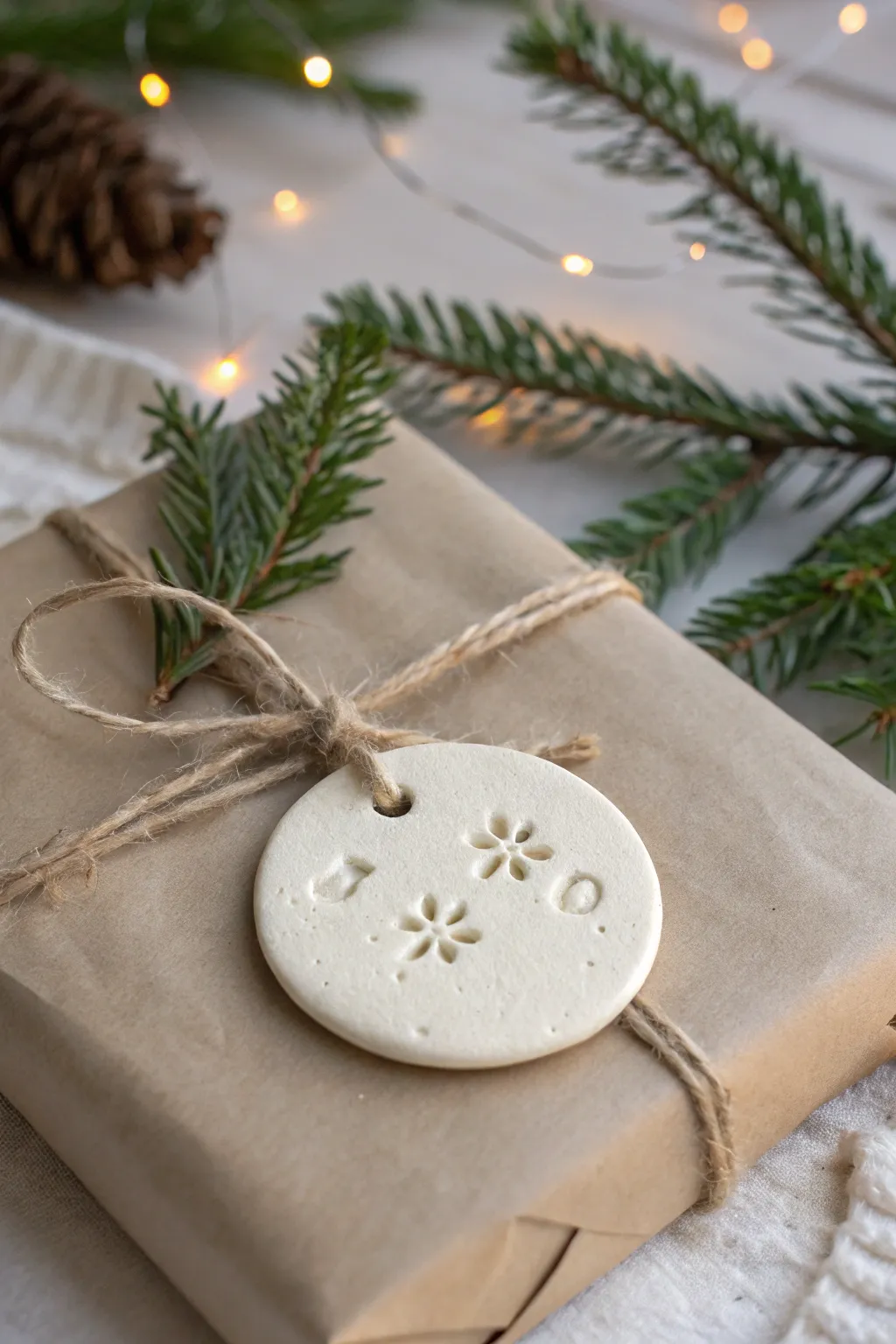 Minimal clay gift tag ornament with twine on a wrapped present, simple cozy holiday charm