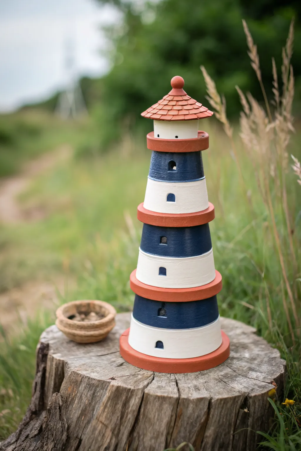 Stacked terracotta pots become a striped lighthouse, simple to make and perfect for outdoor decor.