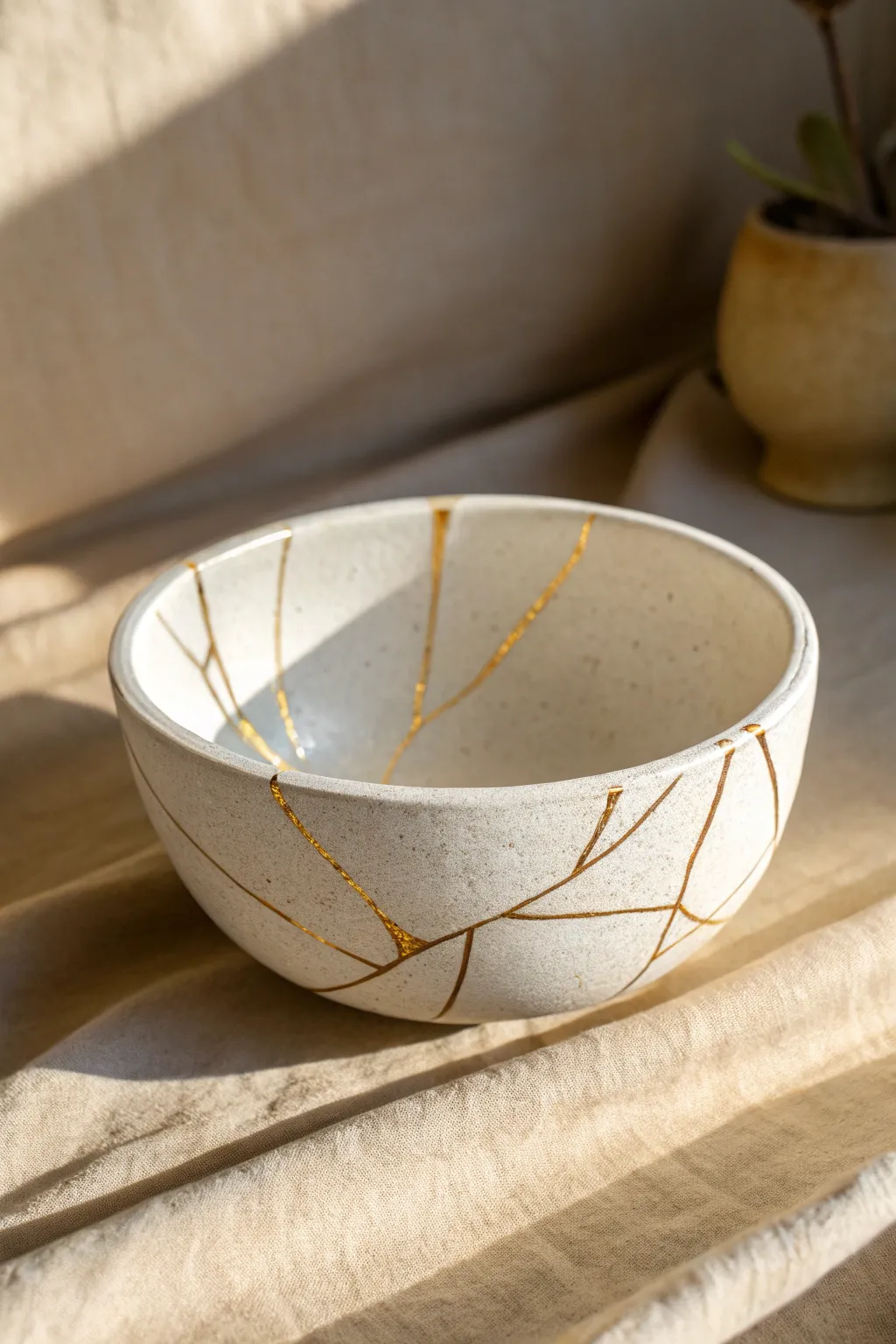 Minimal faux kintsugi bowl with delicate gold lines for an easy, elegant clay pottery idea