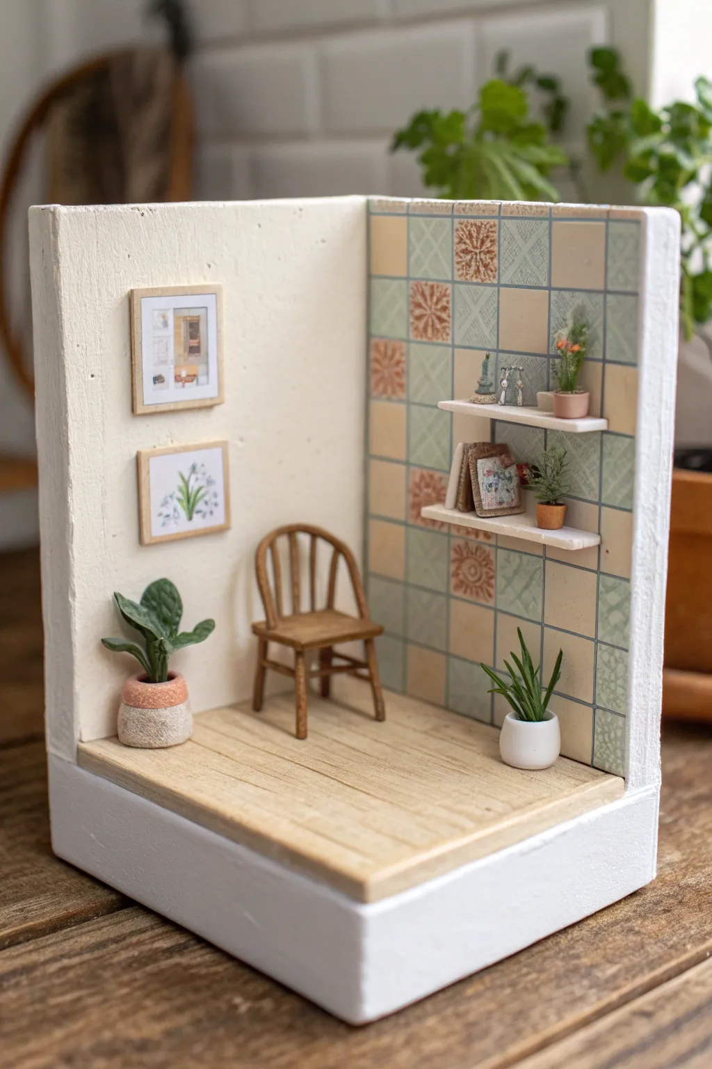 Mini clay shelf diorama with chair and tiny plant, a sweet minimalist room scene to try today.