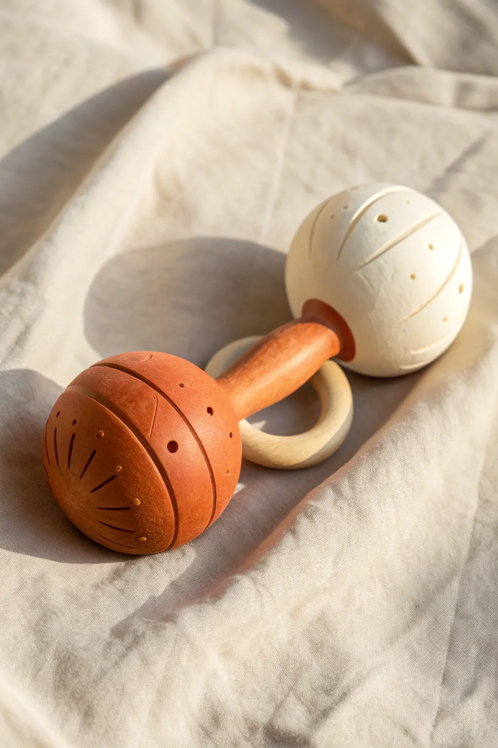 Peanut-shaped double-chamber clay rattle with soft color blocking, minimal and handmade feel.