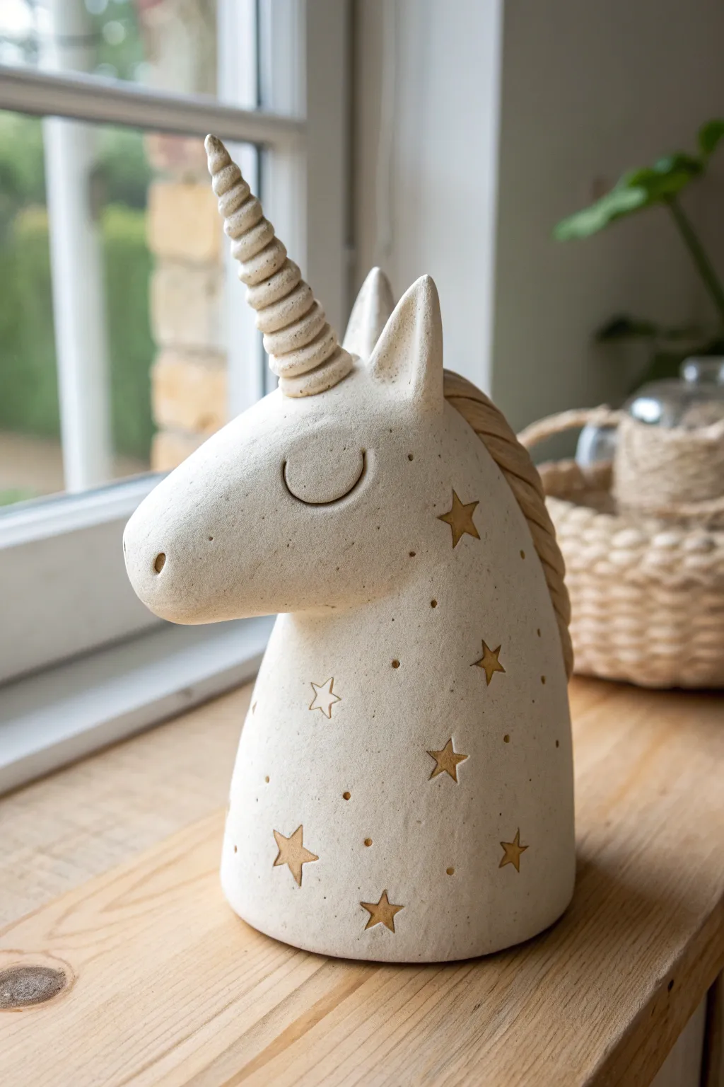 Simple clay unicorn head with a twist horn and tiny star accents, perfect for kids crafts