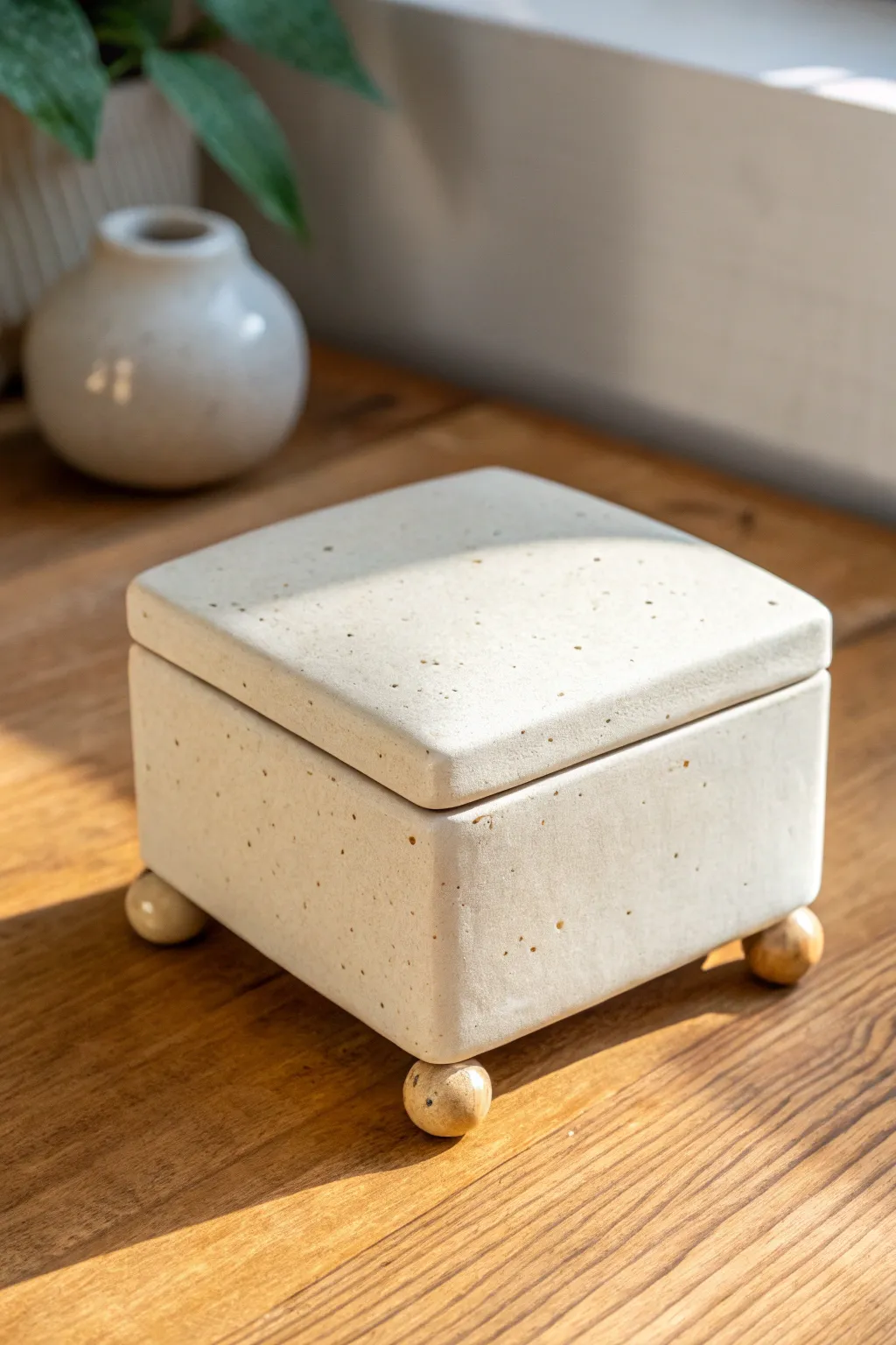 Ball-footed slab box with lid on, gently raised for an airy, minimalist boho look.