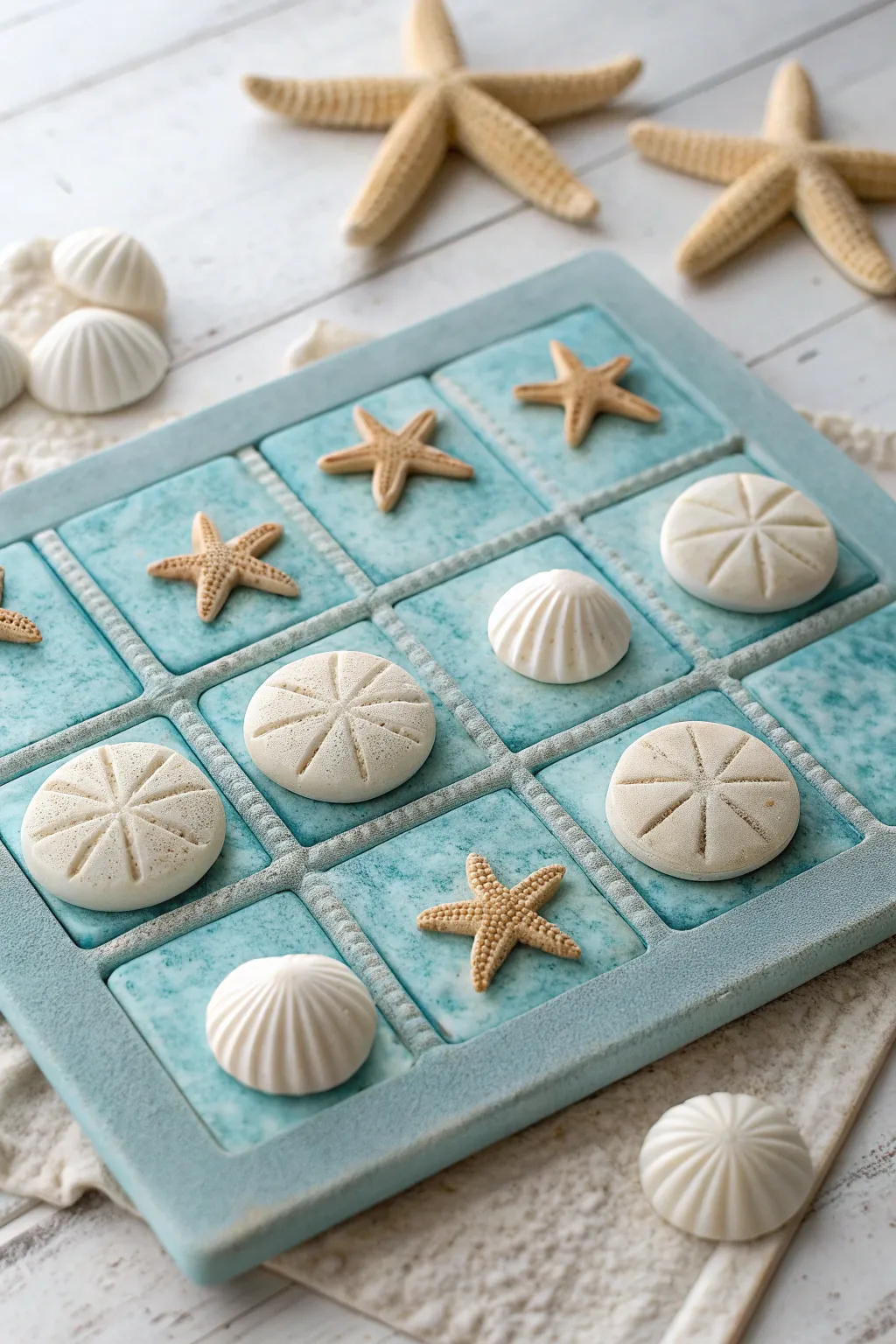 Ocean-inspired clay tic tac toe set with shell vs starfish pieces in calm Scandinavian style