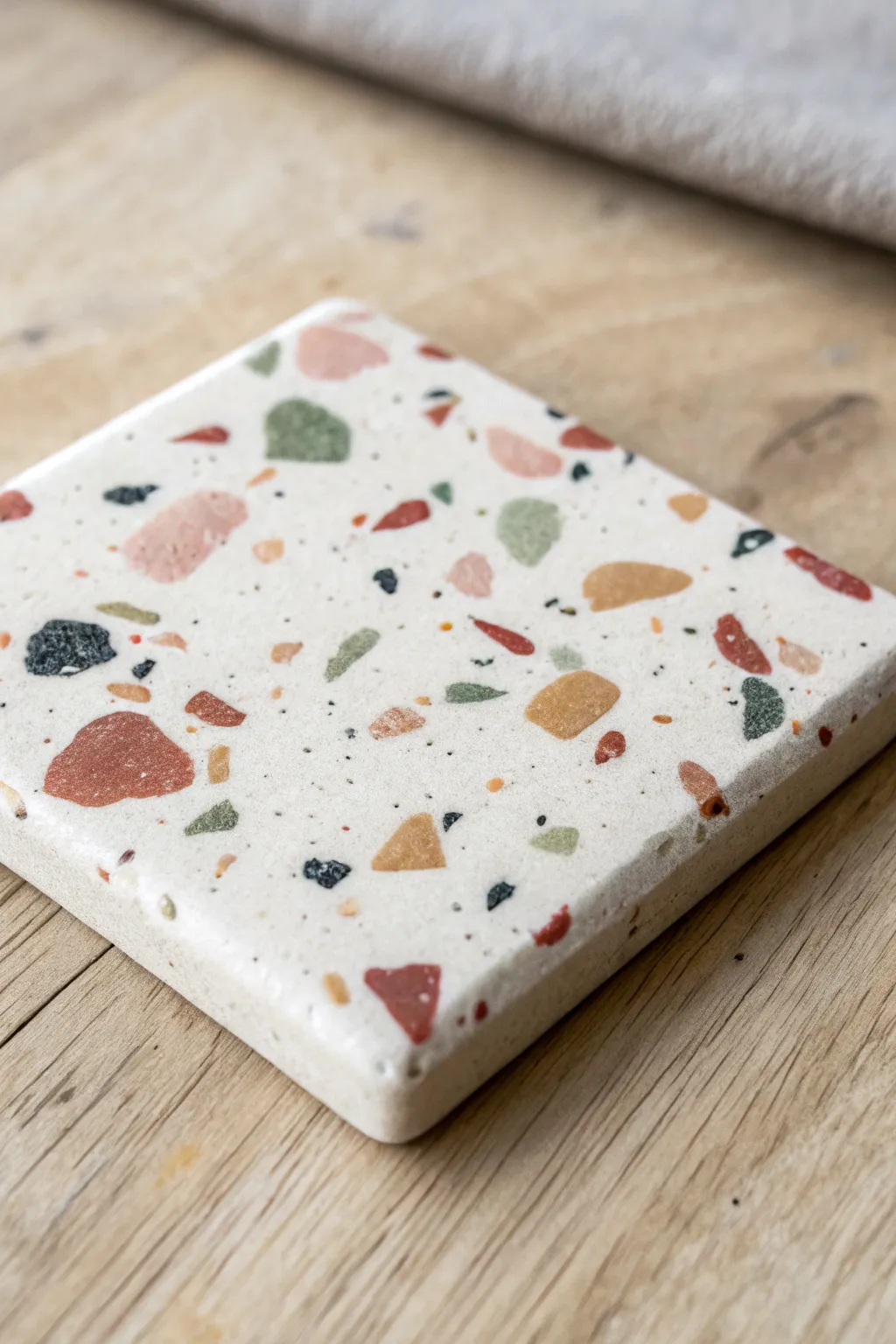 Terrazzo-inspired speckled clay tile: simple DIY charm with a smooth, modern finish.