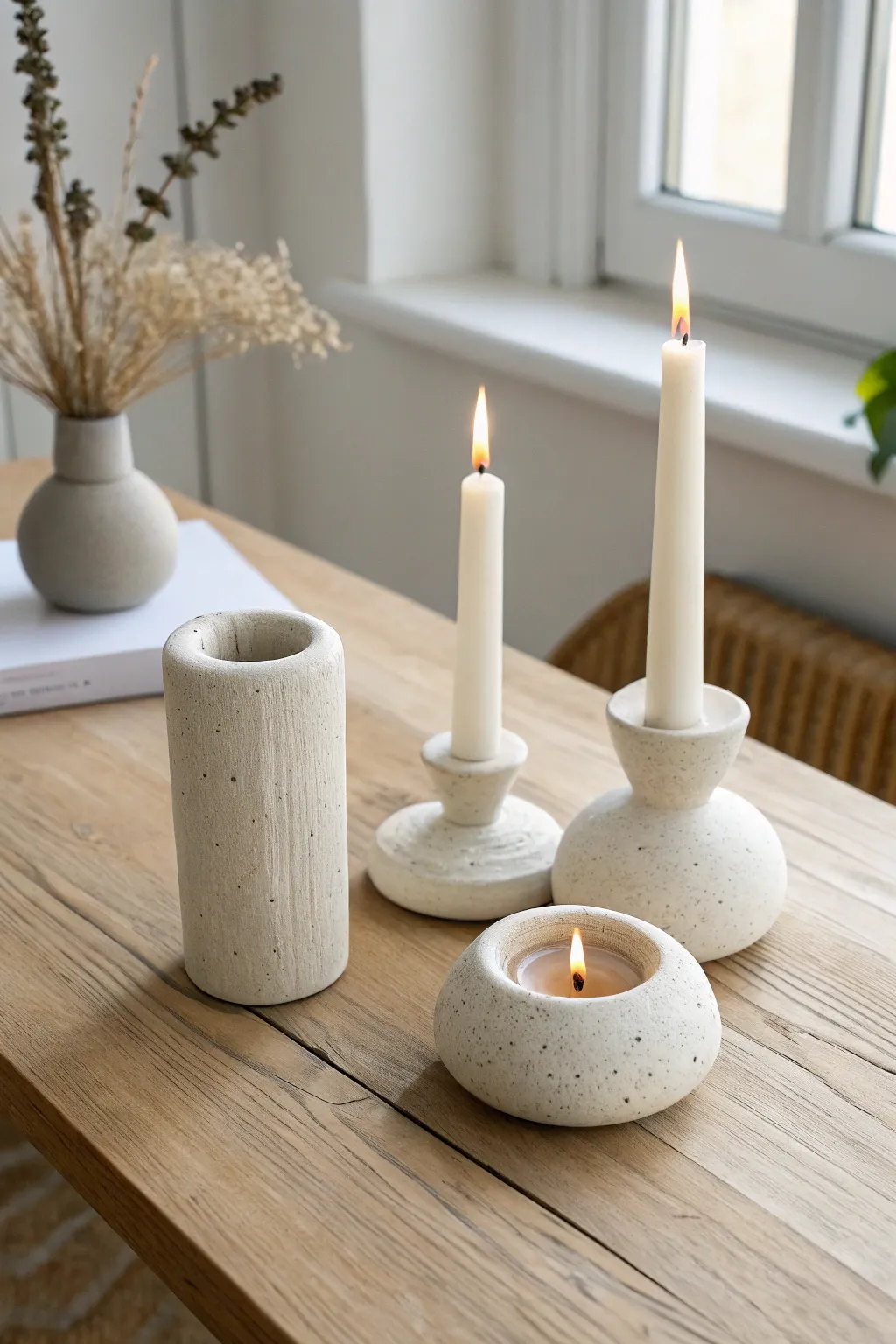 Minimal clay candle holder trio in soft neutrals for an easy DIY, cozy Scandinavian vibe