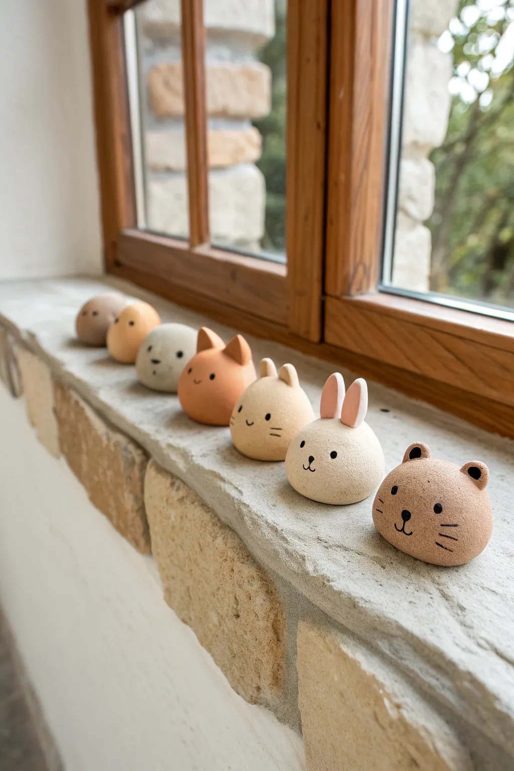 Cute pebble clay animal faces in a simple lined-up set, minimalist and beginner-friendly