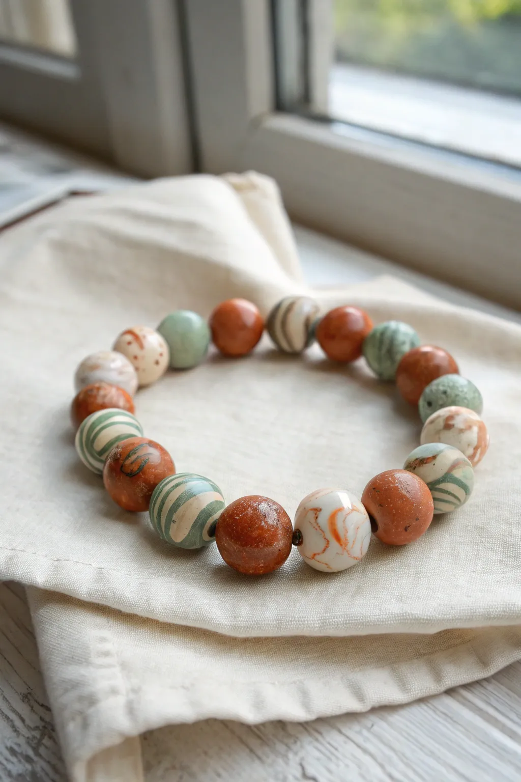 Beginner-friendly marbled clay bead bracelet in soft boho tones, styled on neutral linen.