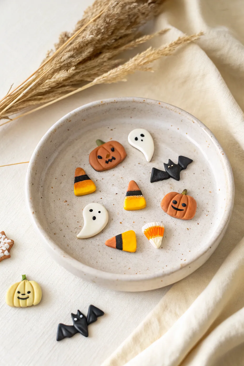 Mix-and-match mini clay Halloween charms, styled in a minimalist dish for an easy grab bag