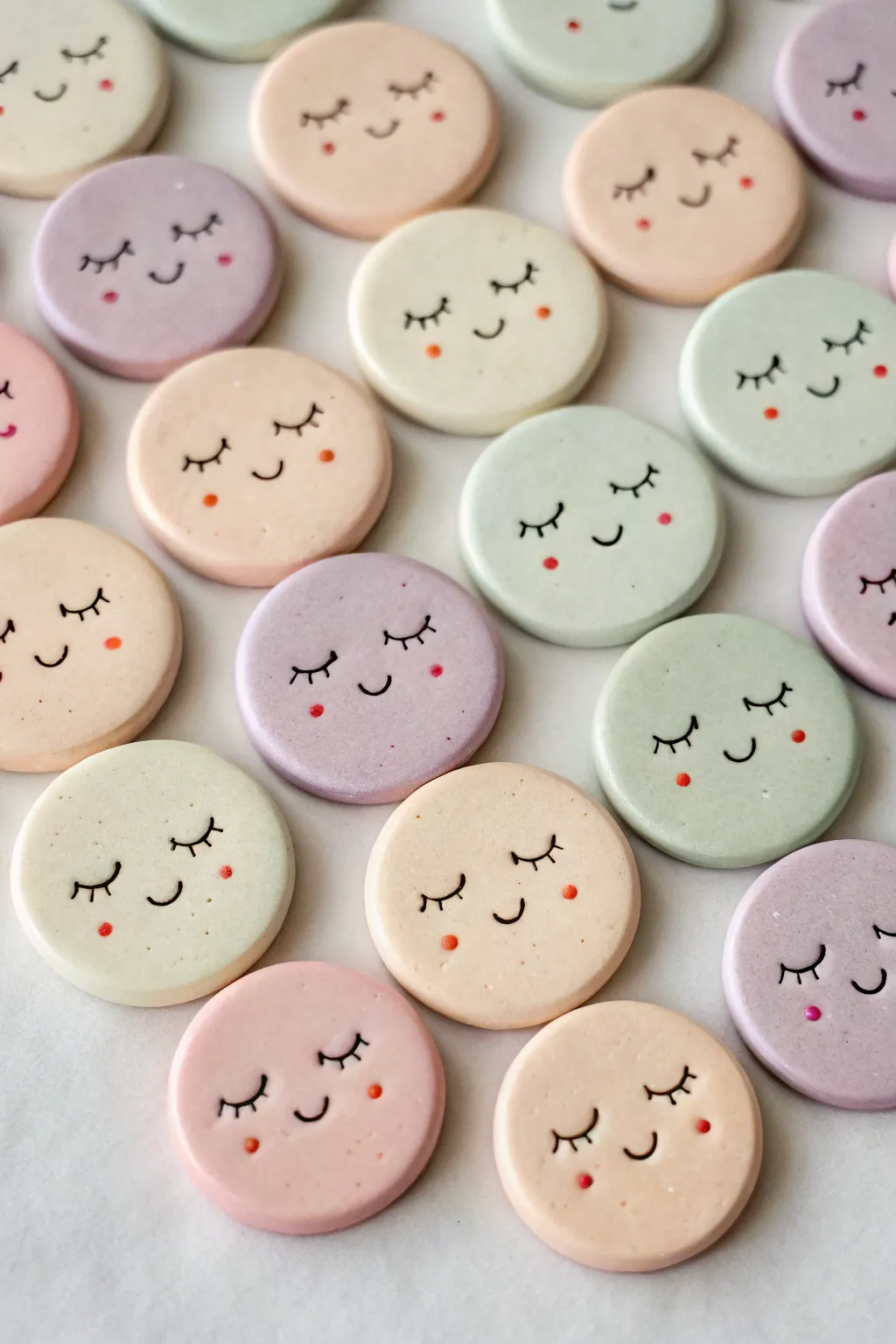 Tiny kawaii emotion face clay tokens in a neat grid, minimal and soothing pastel tones.