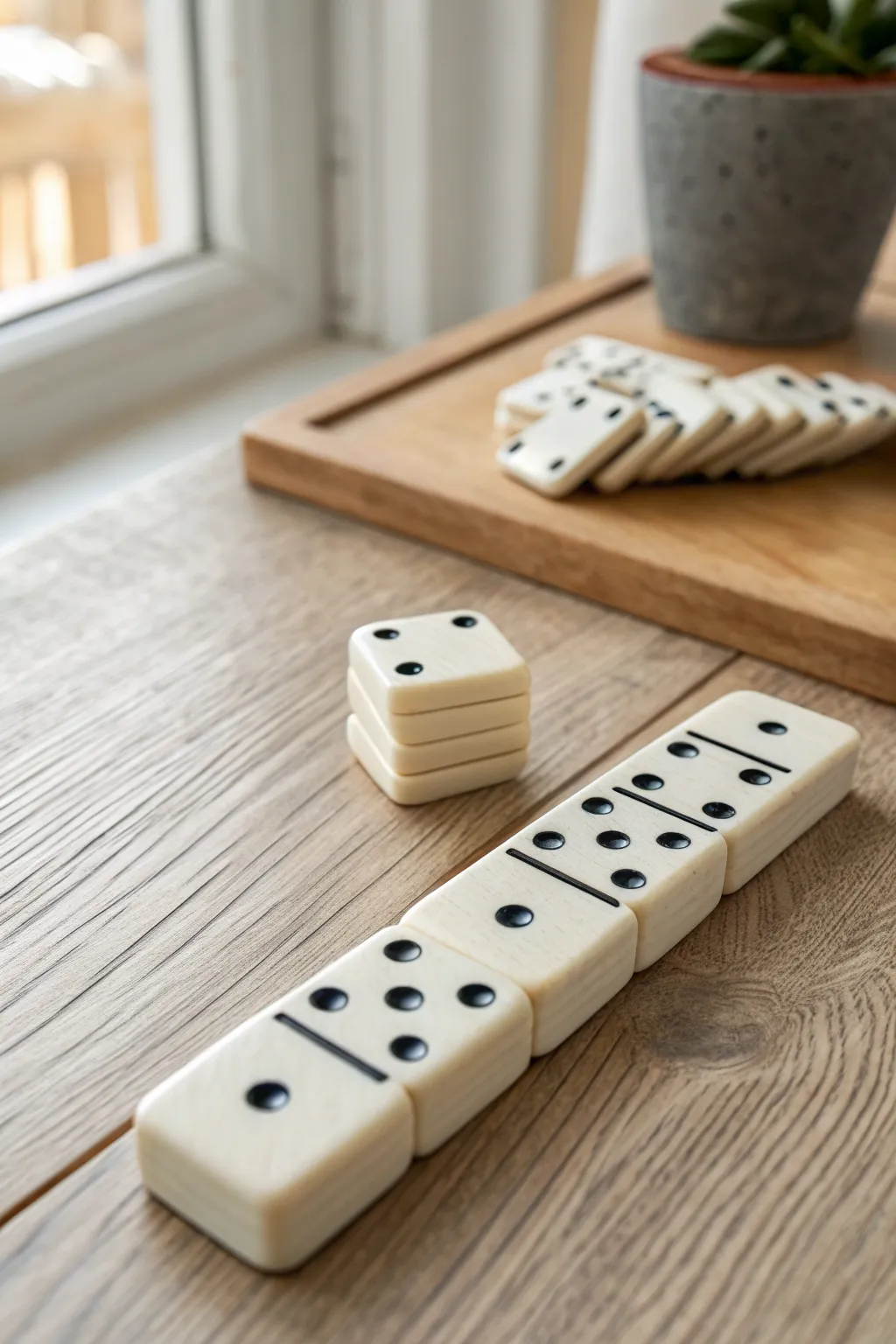 Mini handmade clay domino set with clean dots, styled simply on a light oak table