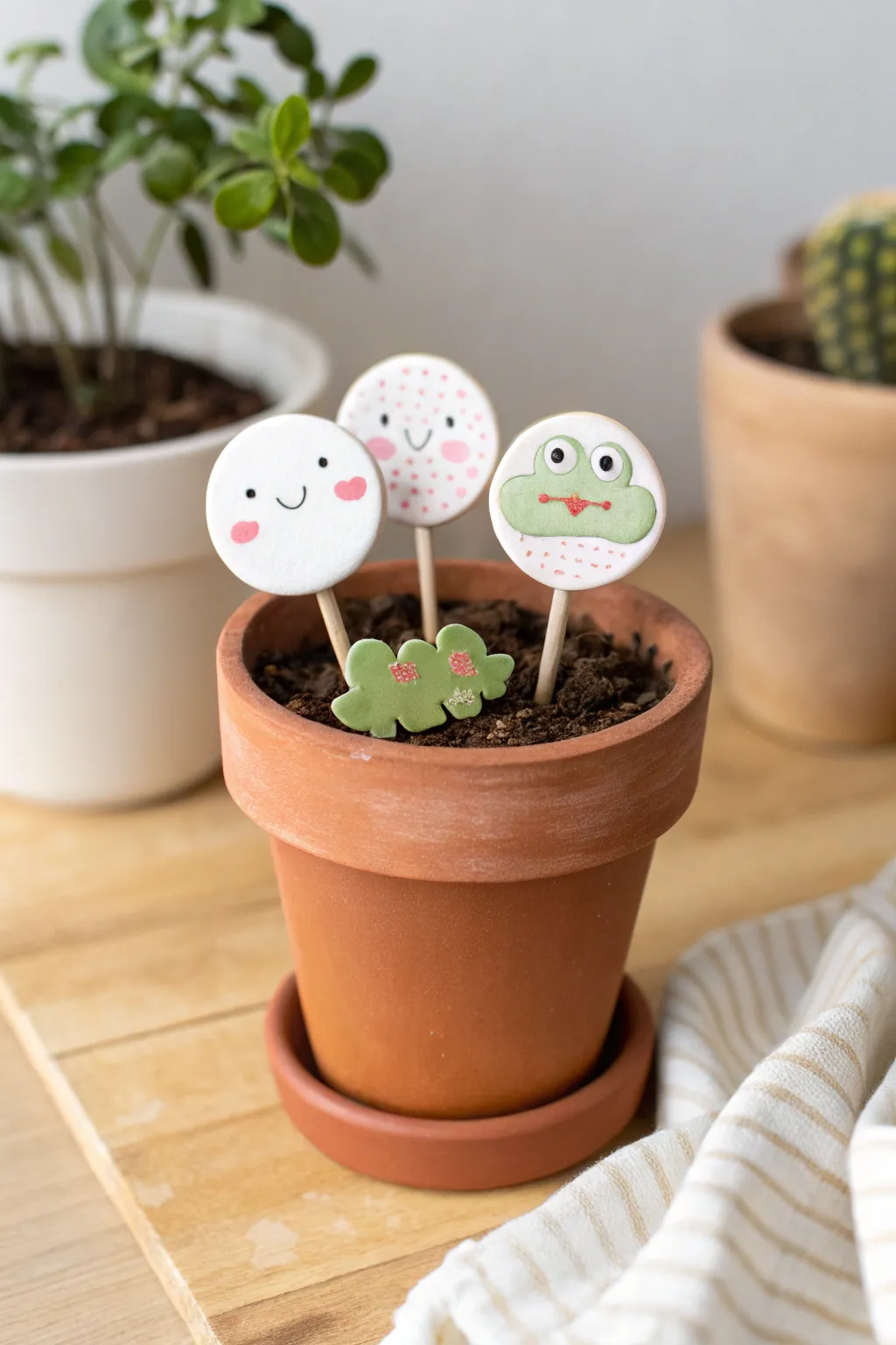 Mini clay plant marker characters in a tiny pot, a cute minimalist touch for any shelf