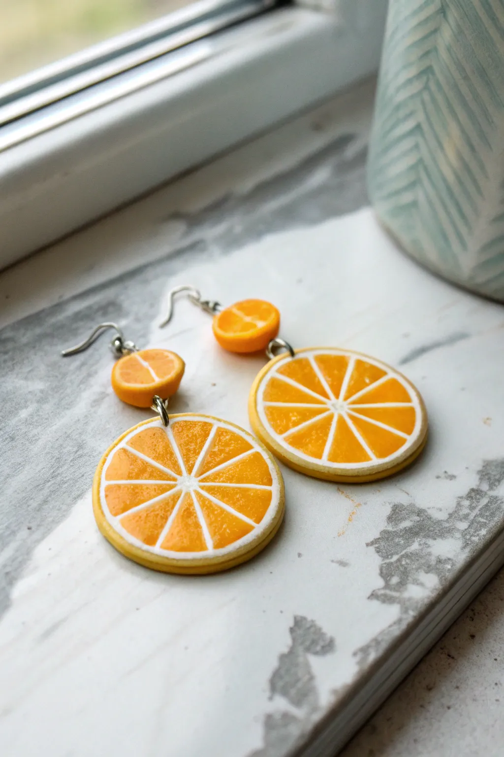 Bright citrus slice dangles in polymer clay, easy DIY look with clean Scandinavian minimal style.