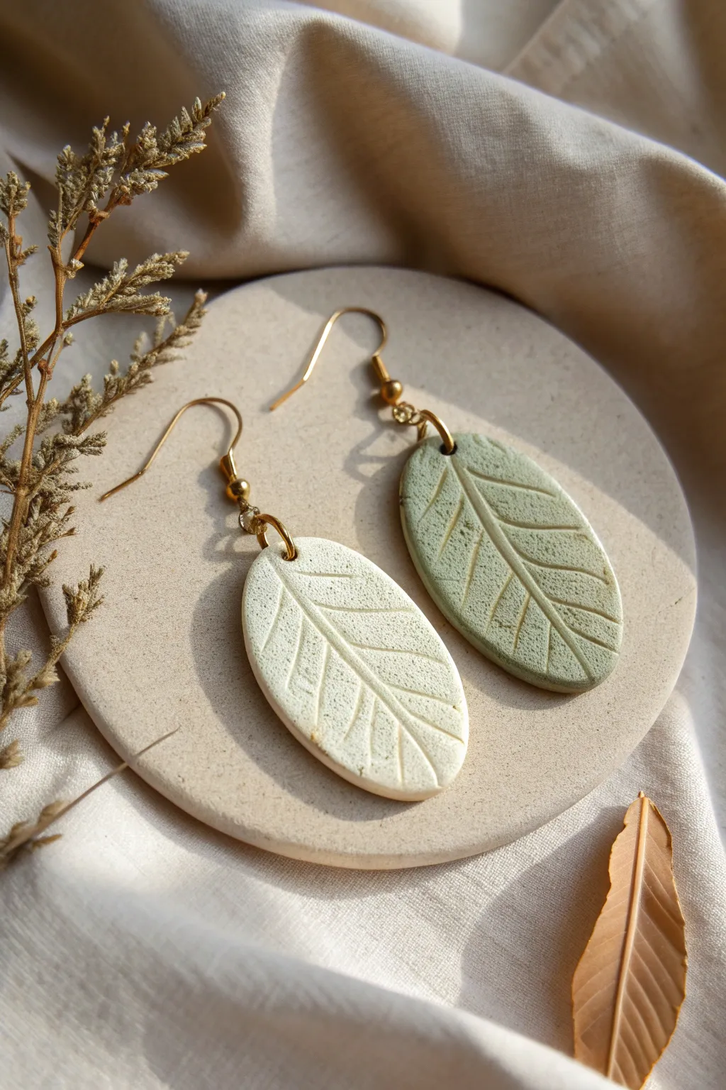 Minimal oval polymer clay earrings with leaf imprint texture in soft earthy tones