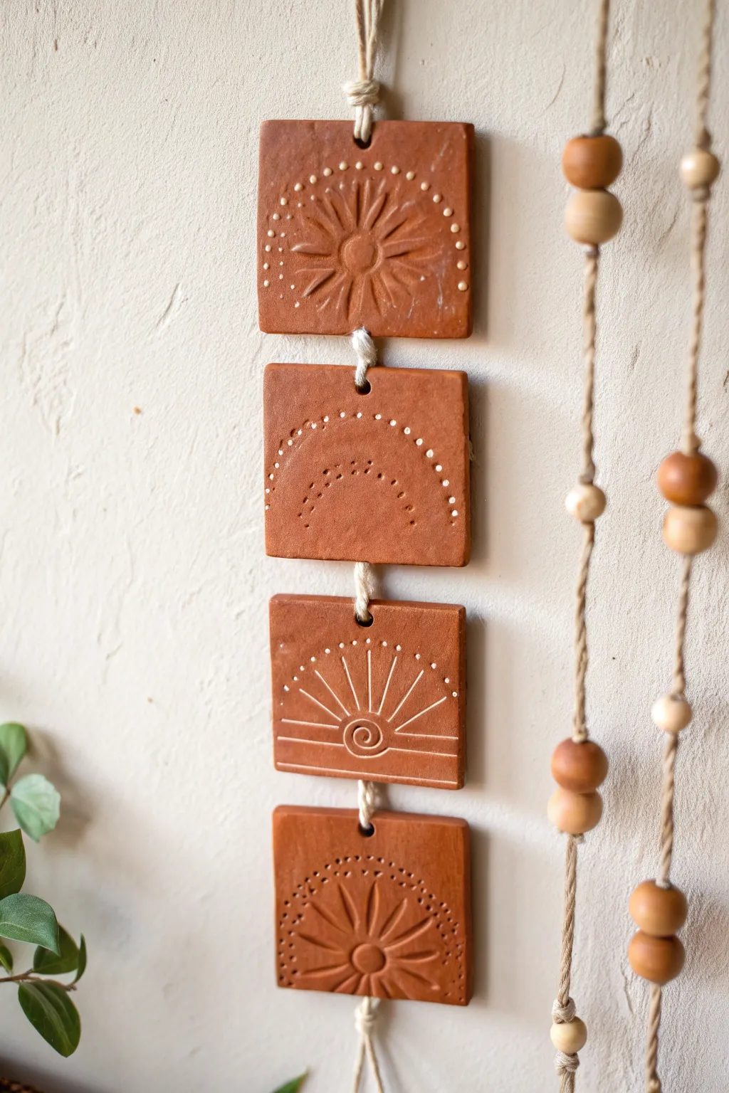Simple clay tile wall hanging with stamped patterns, minimal cord, and warm natural light.