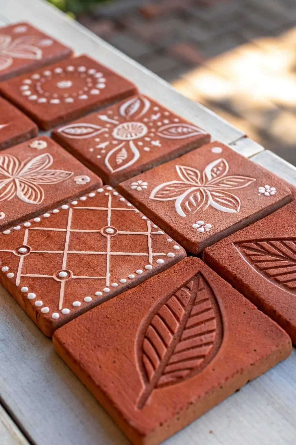 Whitewashed red clay texture tiles with handmade patterns, minimal and warm Scandinavian style.