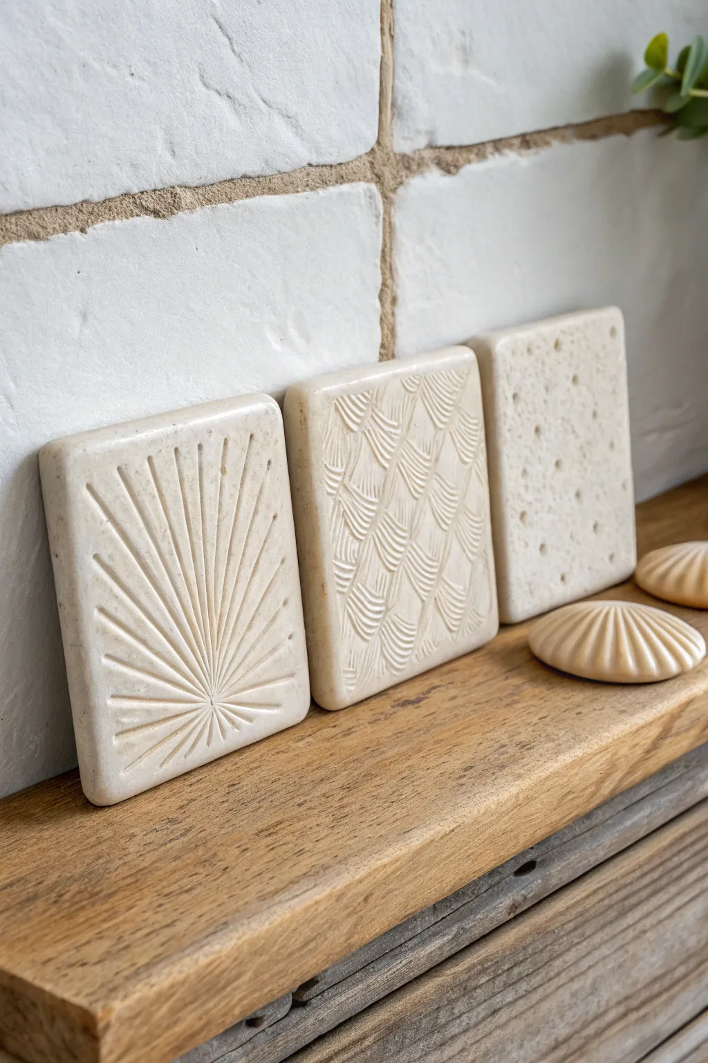 Mix-and-match slab wall tiles with simple lines, dots, and botanicals in a calm neutral palette.